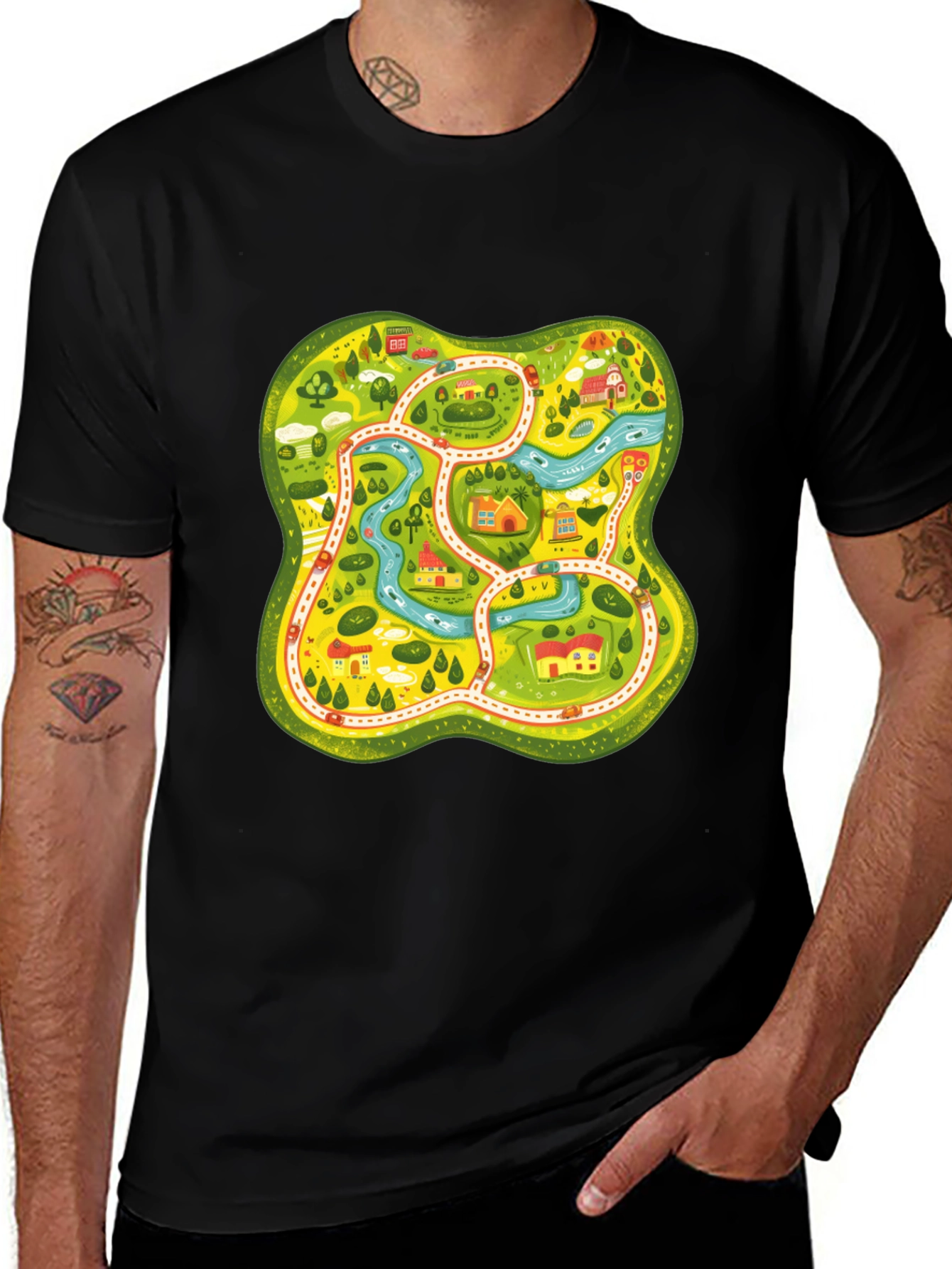 Cartoon Map Graphic Tee - Black Unisex T-Shirt
