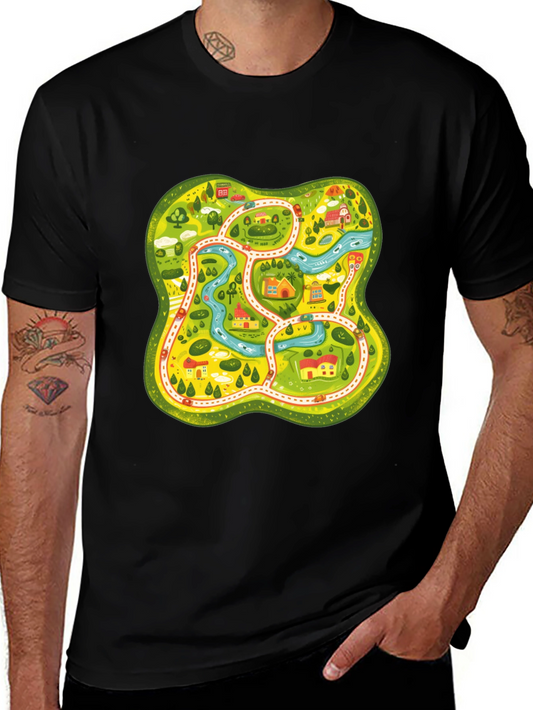 Cartoon Map Graphic Tee - Black Unisex T-Shirt