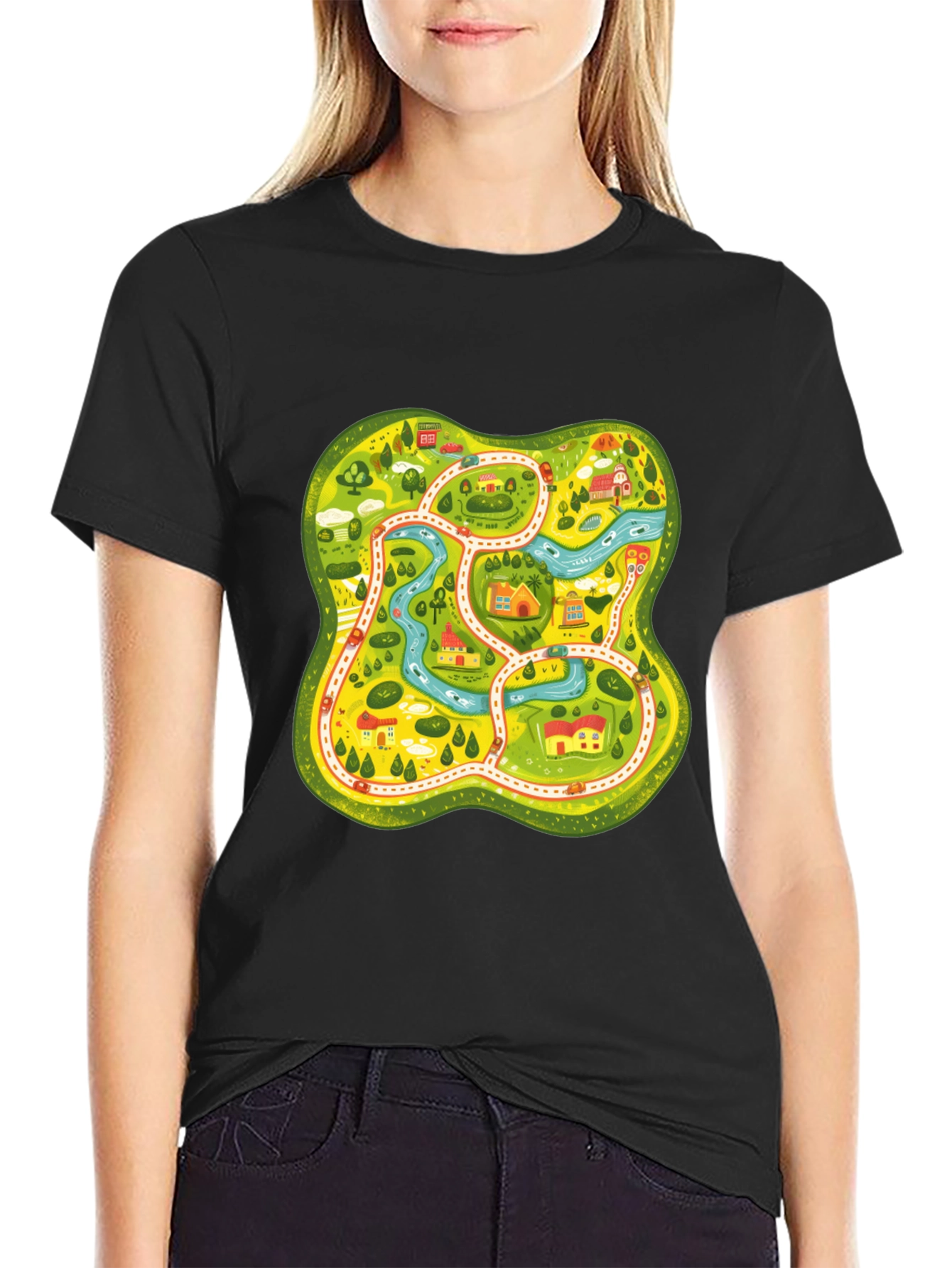 Cartoon Map Graphic Tee - Black Unisex T-Shirt