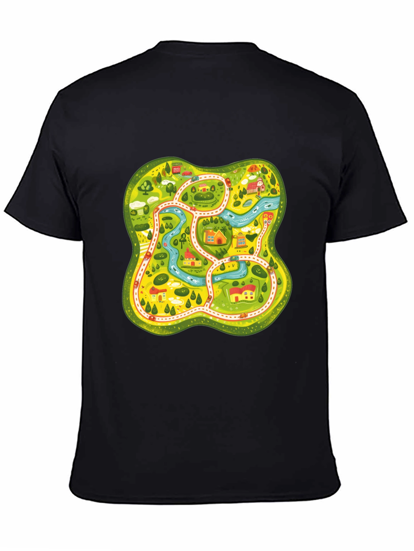 Cartoon Map Graphic Tee - Black Unisex T-Shirt
