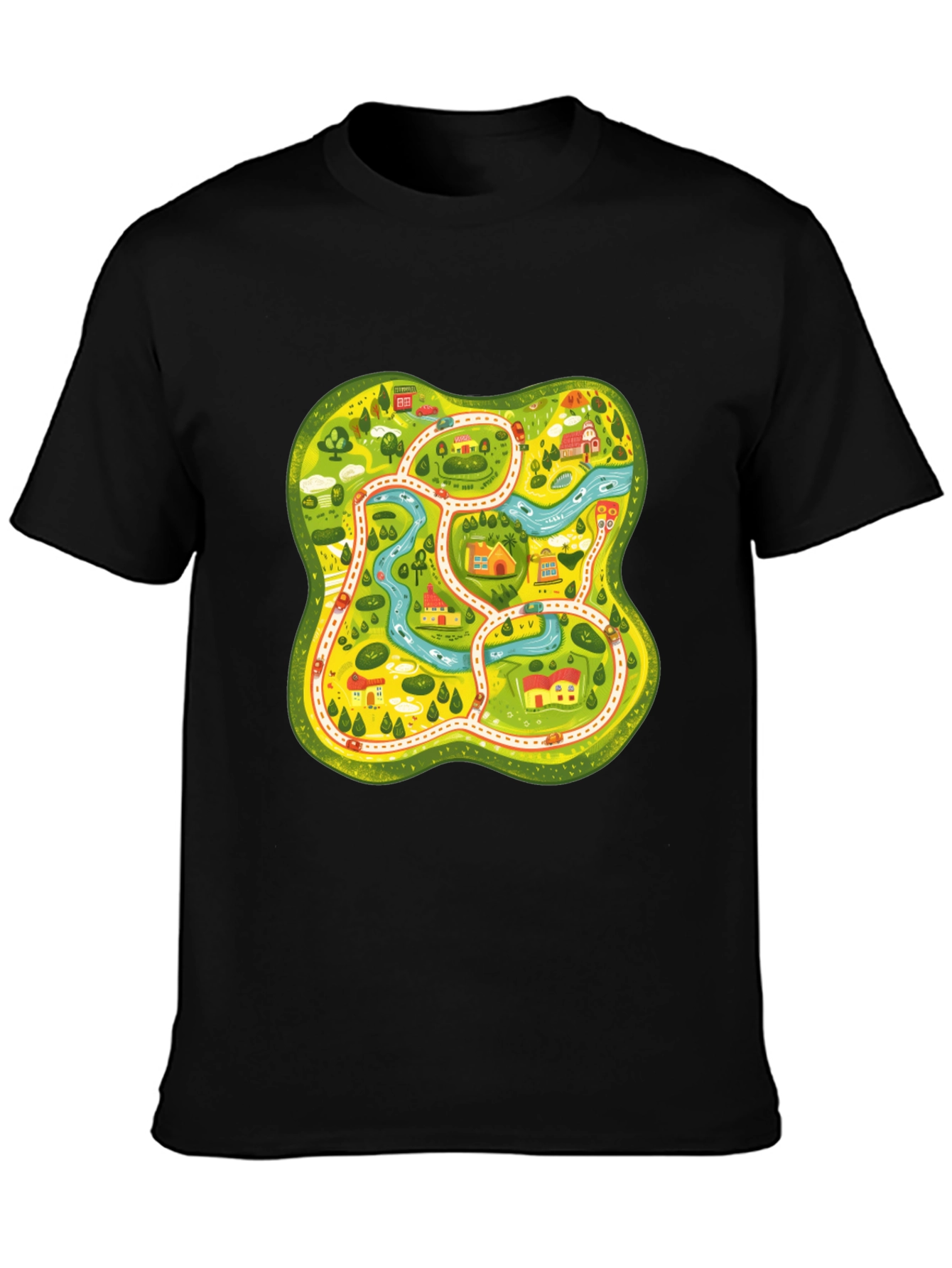 Cartoon Map Graphic Tee - Black Unisex T-Shirt