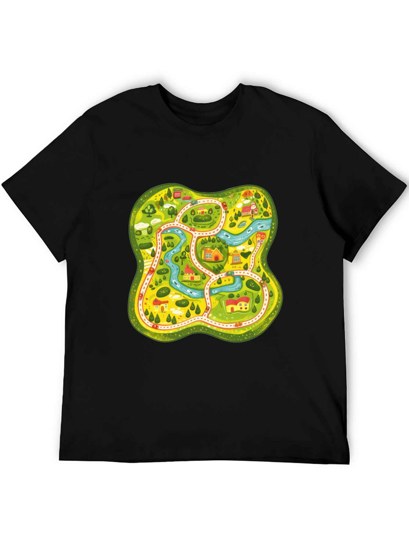 Cartoon Map Graphic Tee - Black Unisex T-Shirt