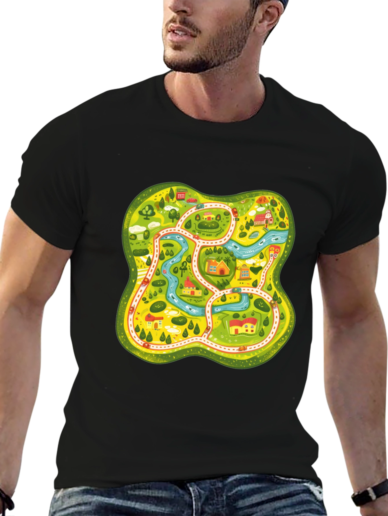 Cartoon Map Graphic Tee - Black Unisex T-Shirt