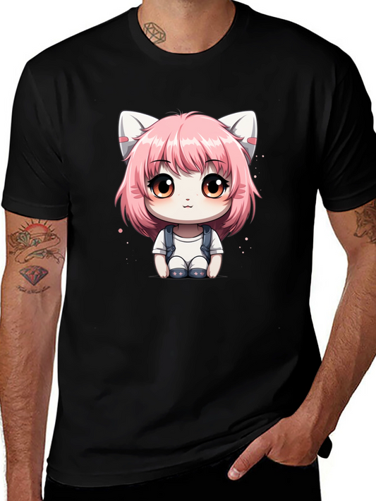 Anime Cat Girl Graphic Tee - Black Cotton T-Shirt