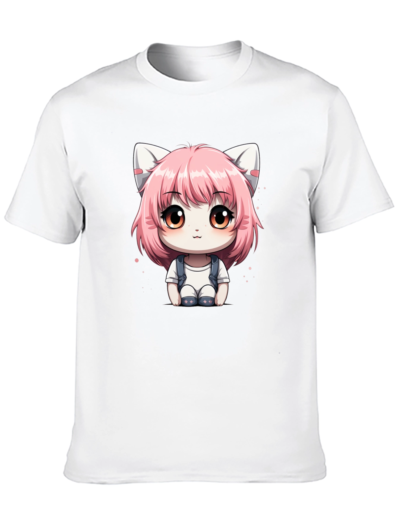 Anime Cat Girl Graphic Tee - Black Cotton T-Shirt