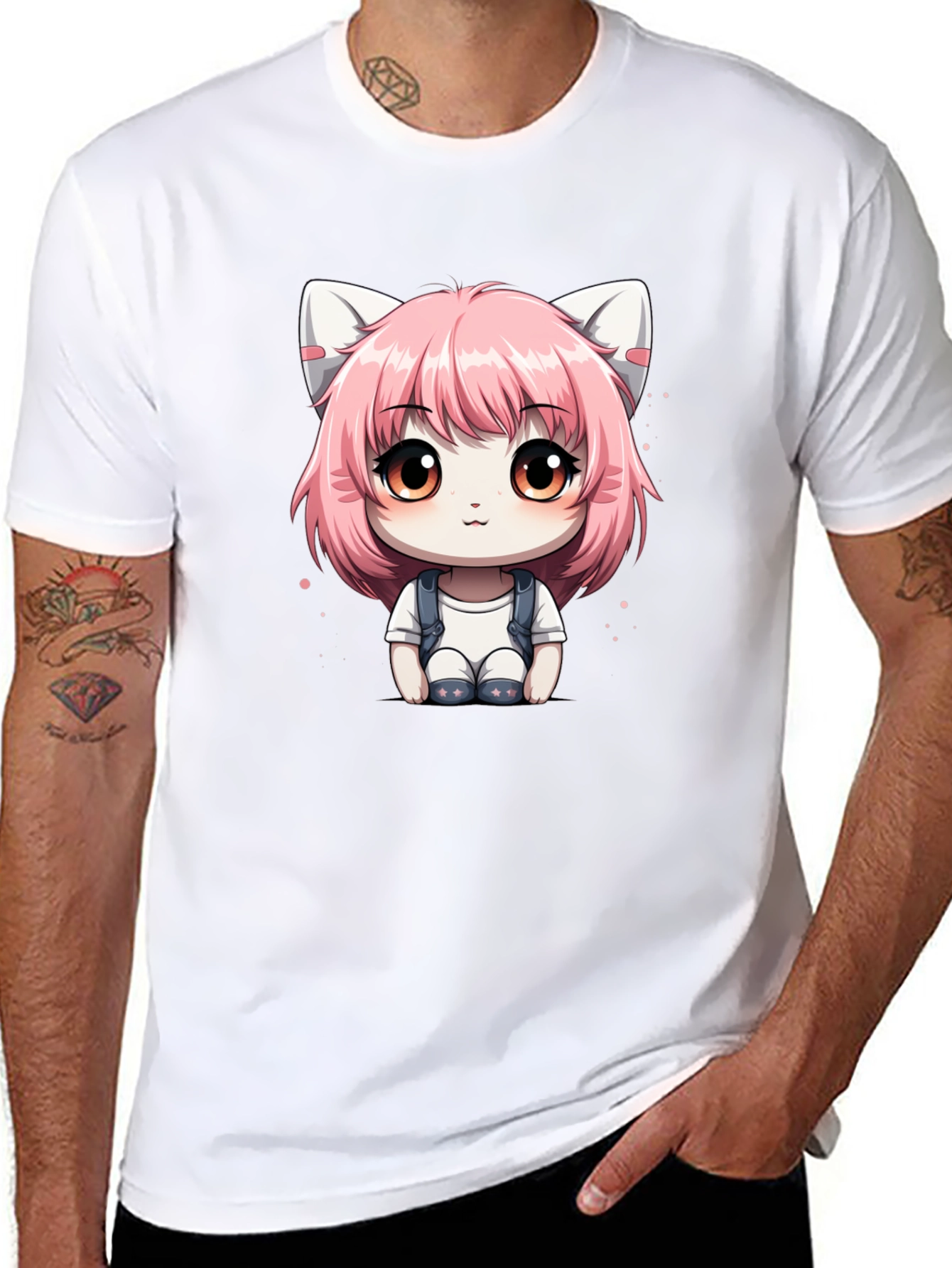 Anime Cat Girl Graphic Tee - Black Cotton T-Shirt