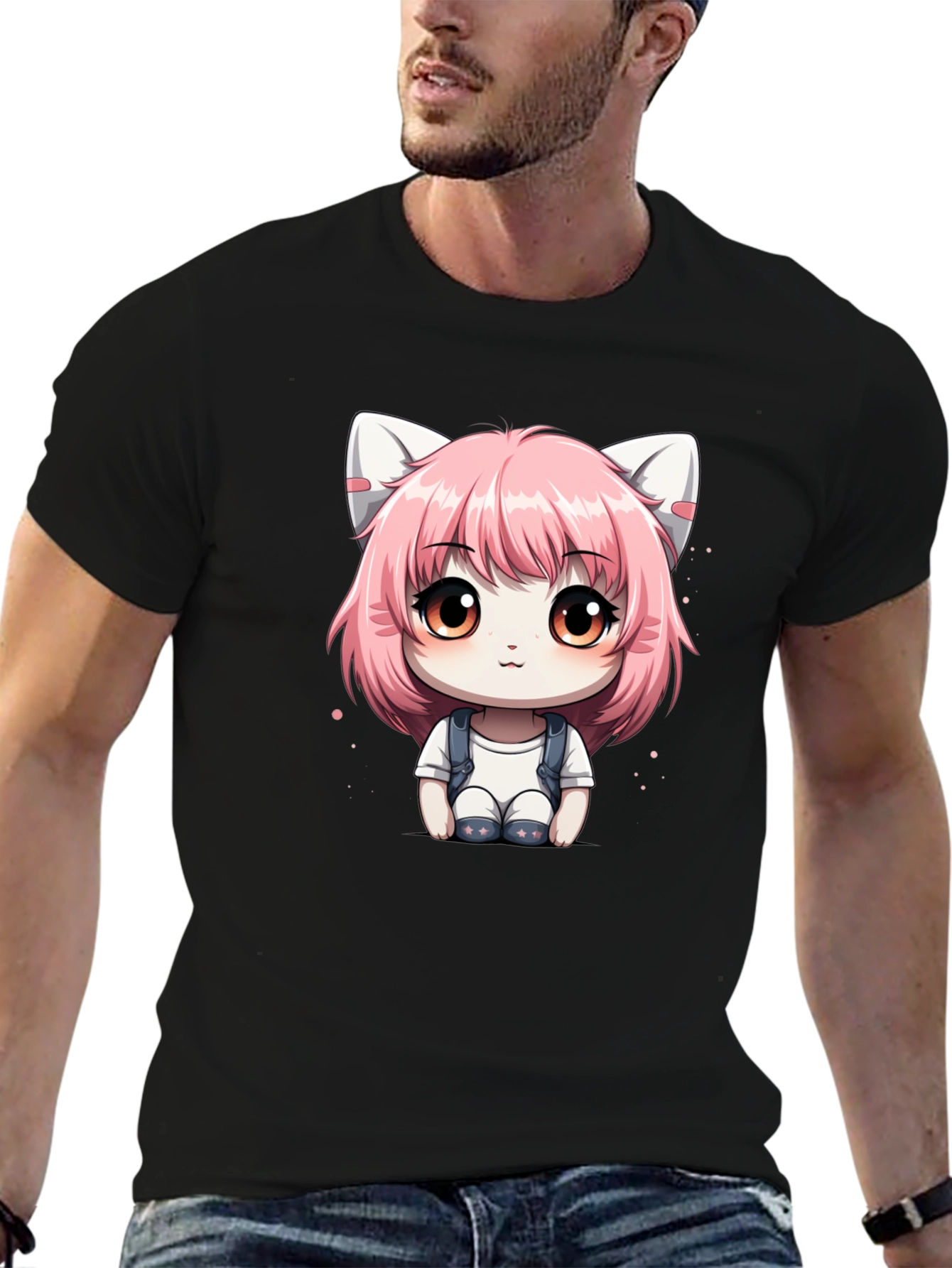 Anime Cat Girl Graphic Tee - Black Cotton T-Shirt