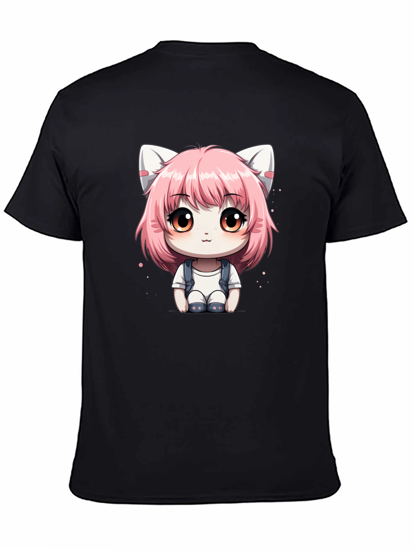 Anime Cat Girl Graphic Tee - Black Cotton T-Shirt