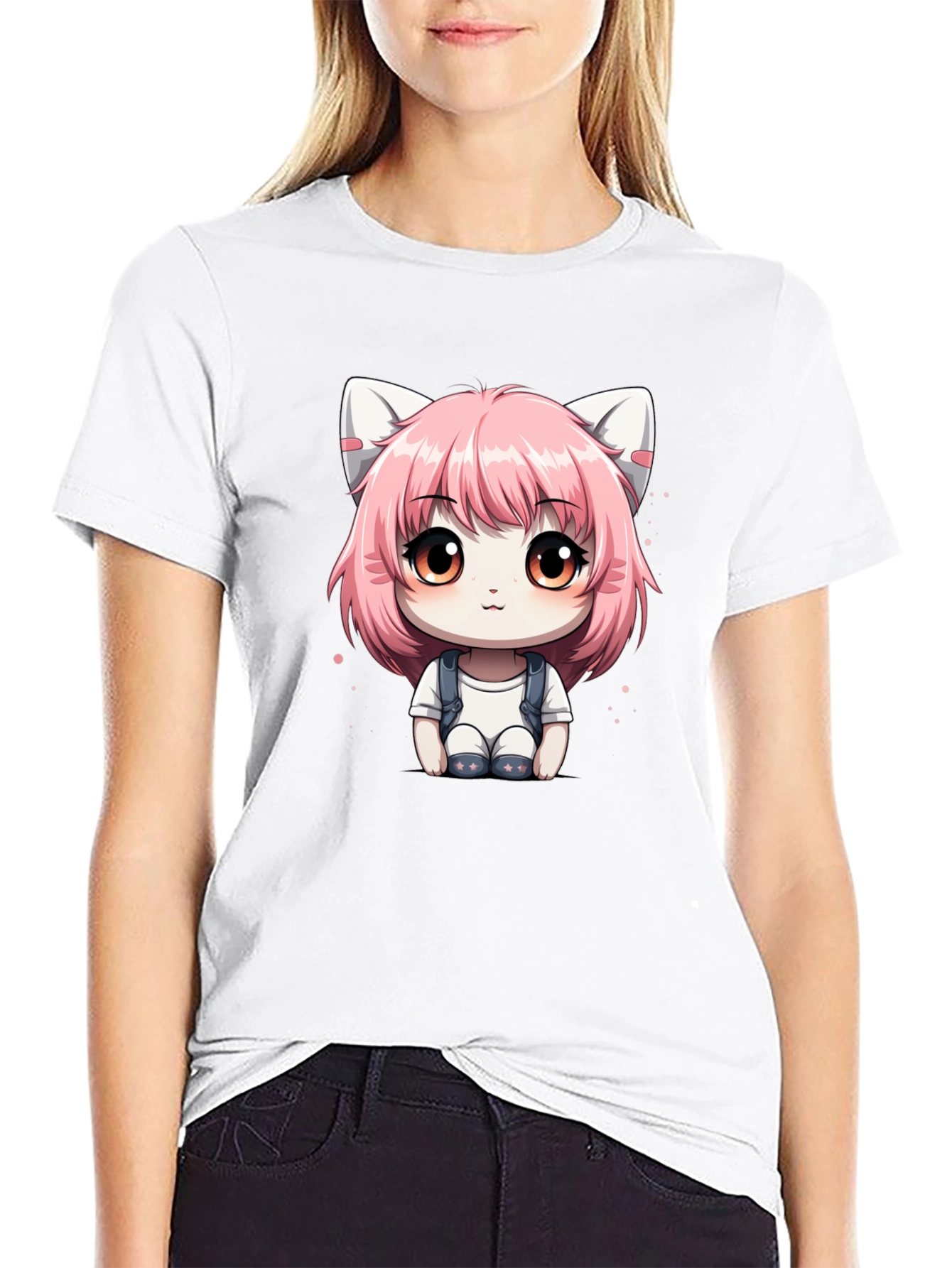 Anime Cat Girl Graphic Tee - Black Cotton T-Shirt