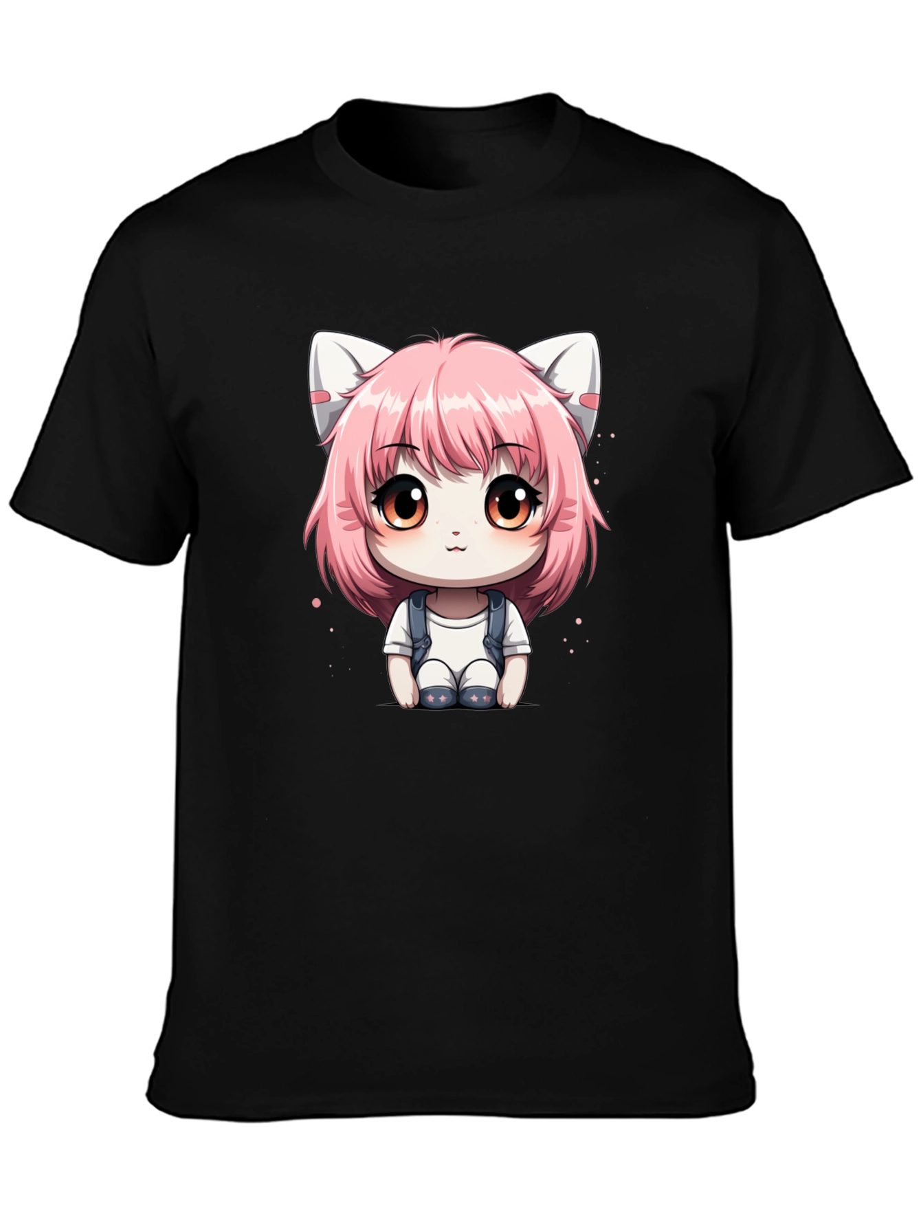 Anime Cat Girl Graphic Tee - Black Cotton T-Shirt