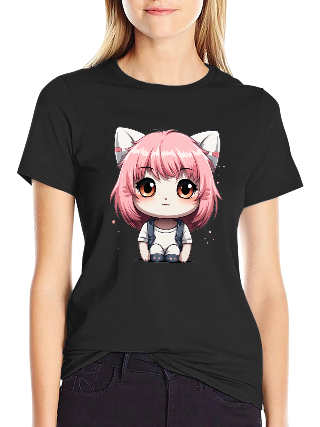 Anime Cat Girl Graphic Tee - Black Cotton T-Shirt