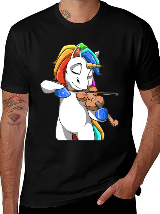 Unicorn Violinist Graphic Tee - Black Cotton Shirt
