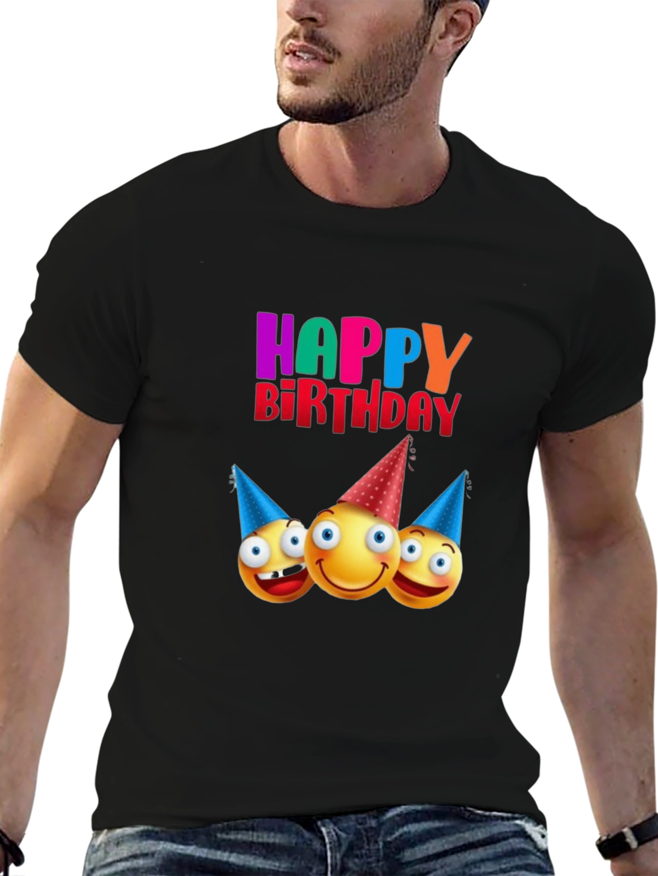 Happy Birthday Emoji Graphic Black T-Shirt