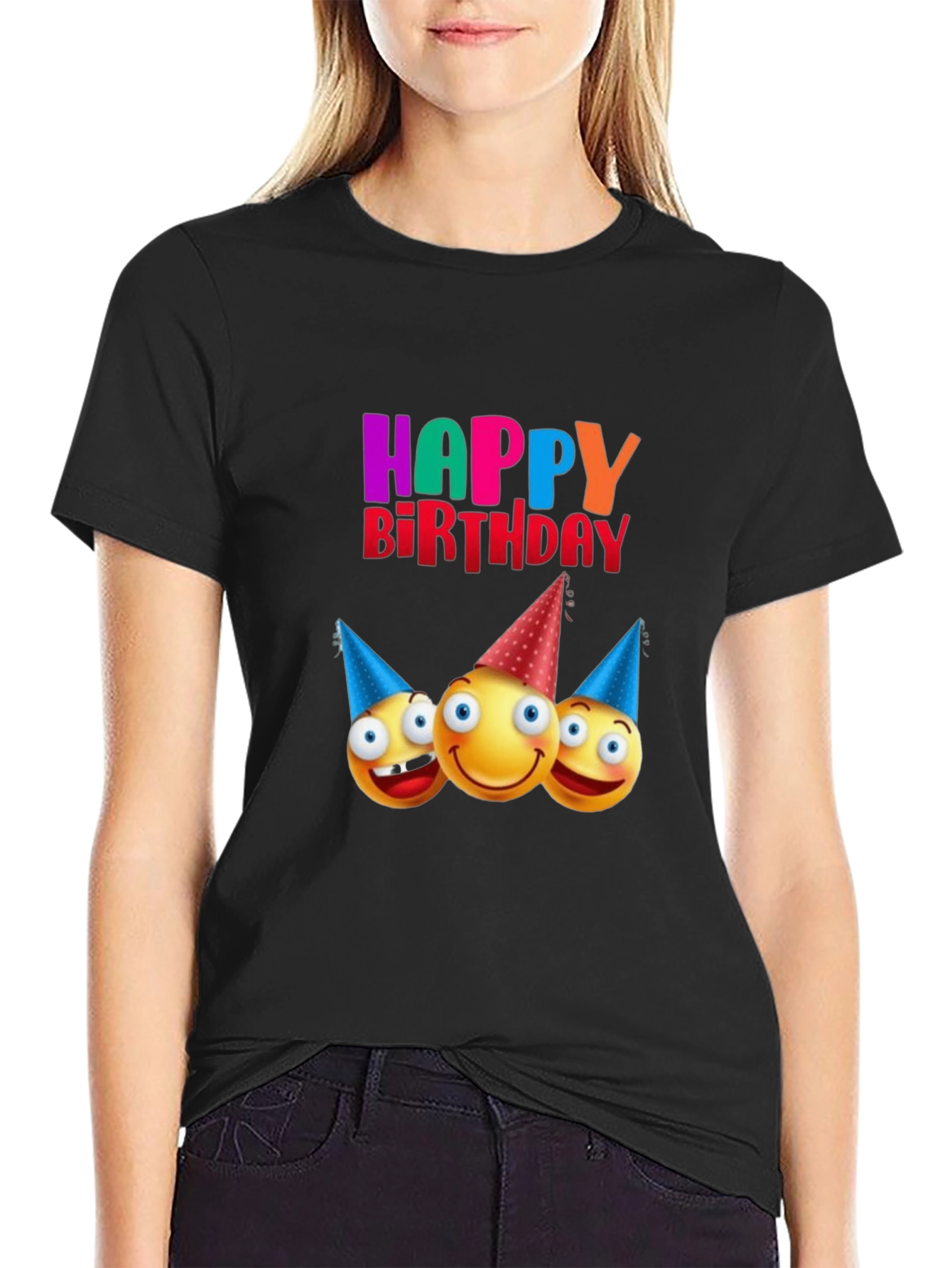 Happy Birthday Emoji Graphic Black T-Shirt