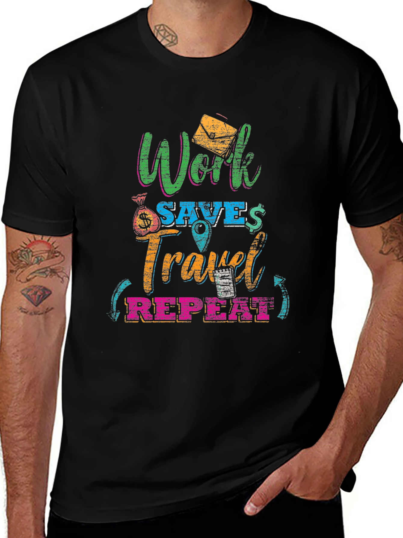 Work Saves Travel Repeat Black Graphic T-Shirt