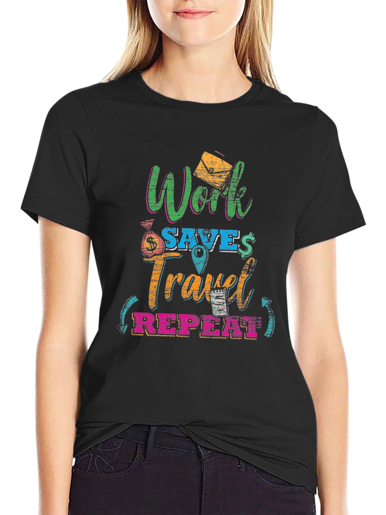 Work Saves Travel Repeat Black Graphic T-Shirt
