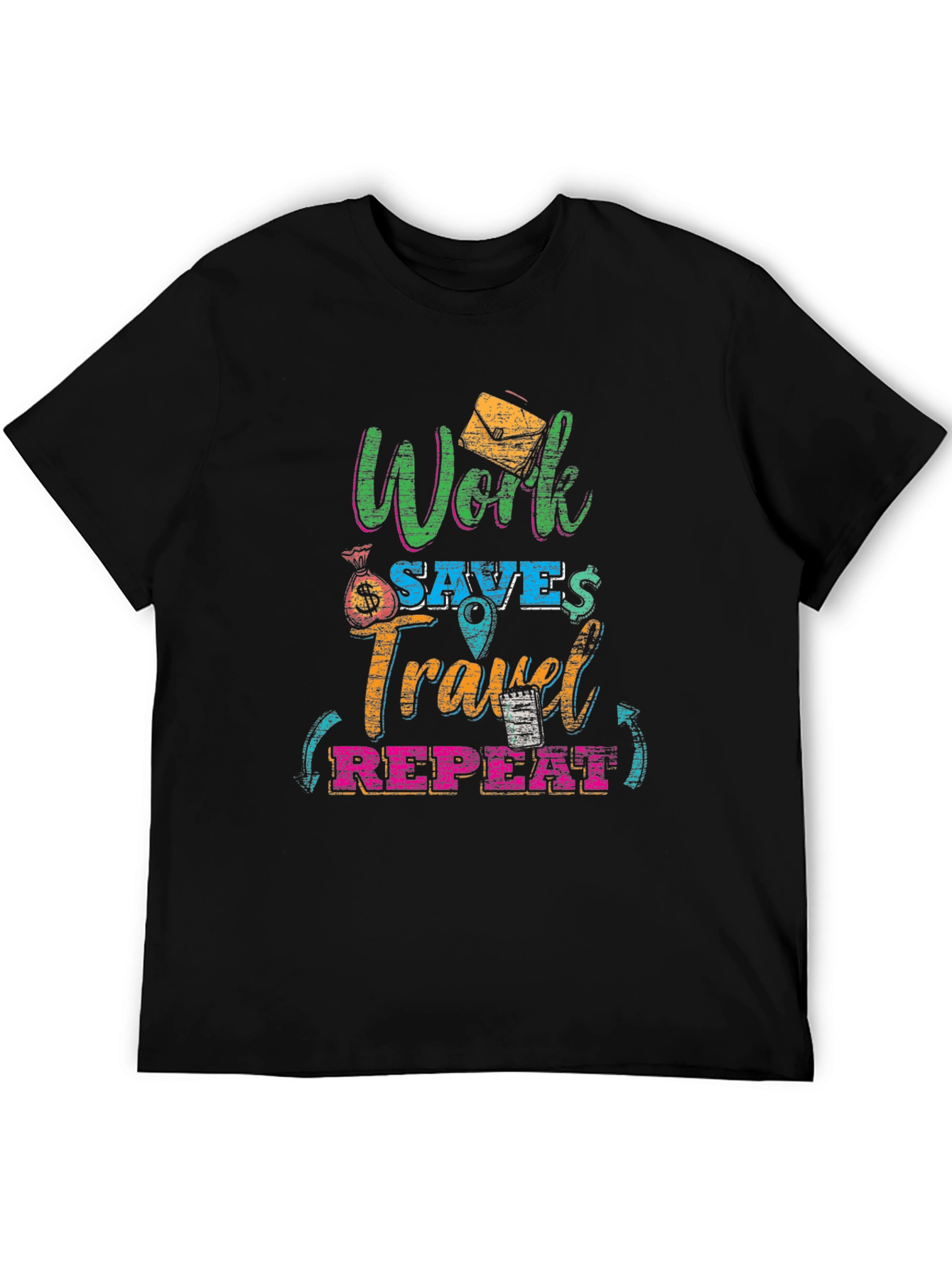 Work Saves Travel Repeat Black Graphic T-Shirt
