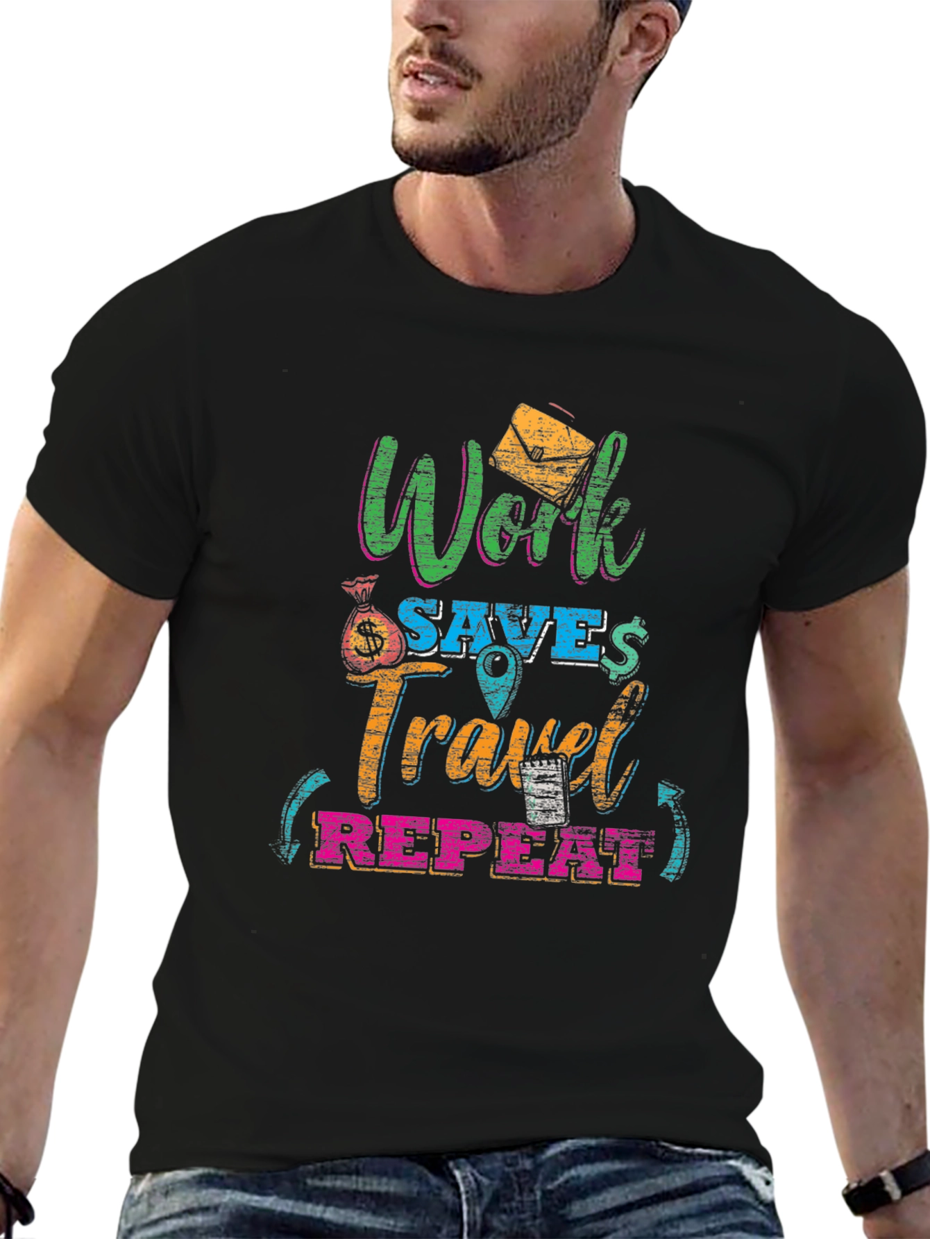 Work Saves Travel Repeat Black Graphic T-Shirt