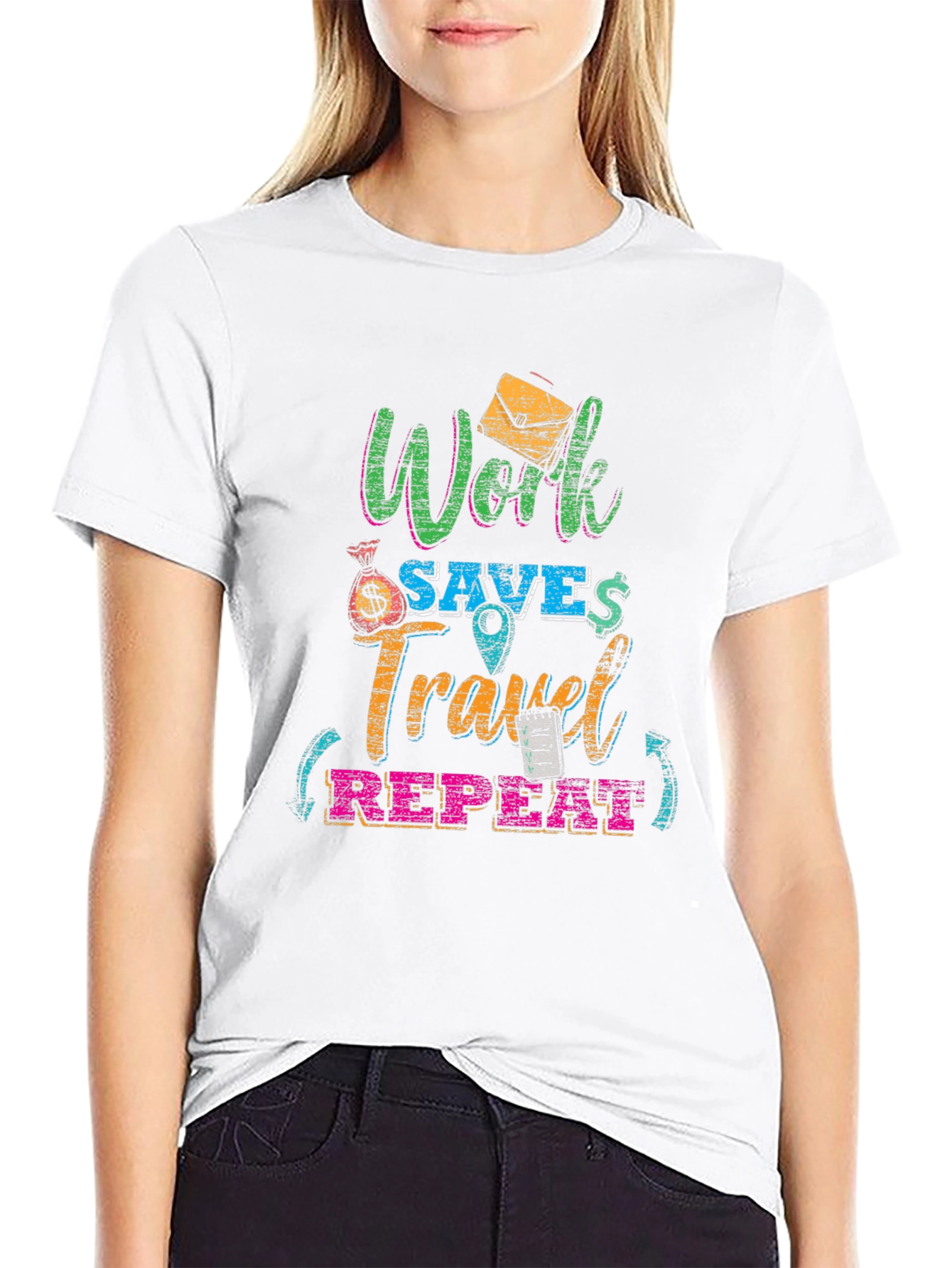 Work Saves Travel Repeat Black Graphic T-Shirt
