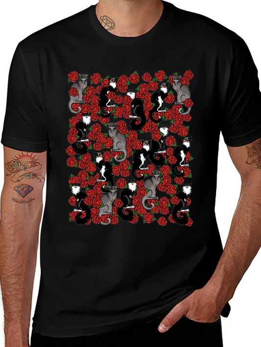Cats & Roses T-Shirt - Unique Graphic Print