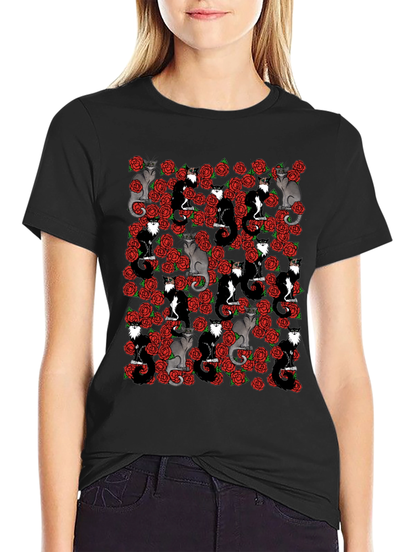 Cats & Roses T-Shirt - Unique Graphic Print
