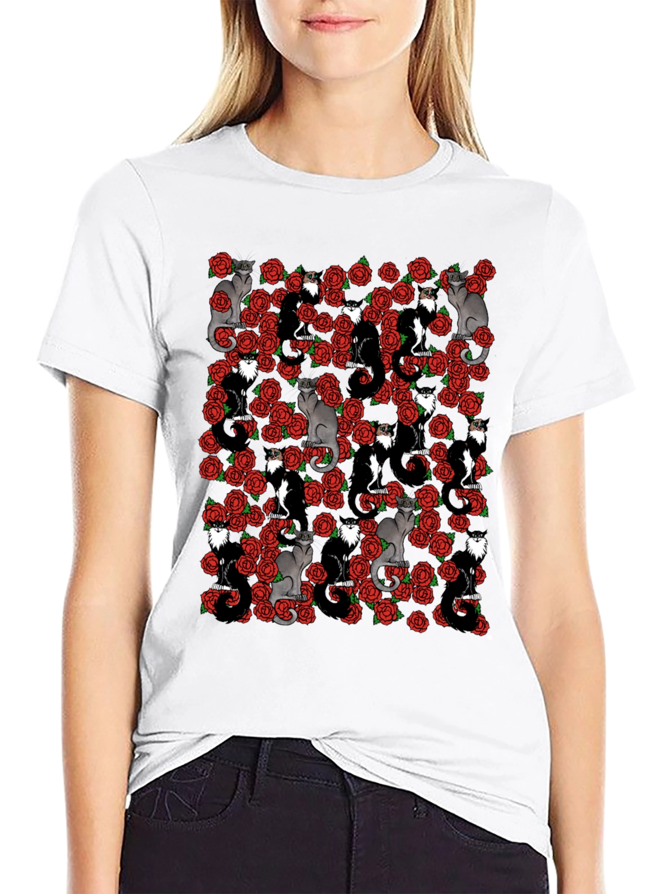 Cats & Roses T-Shirt - Unique Graphic Print