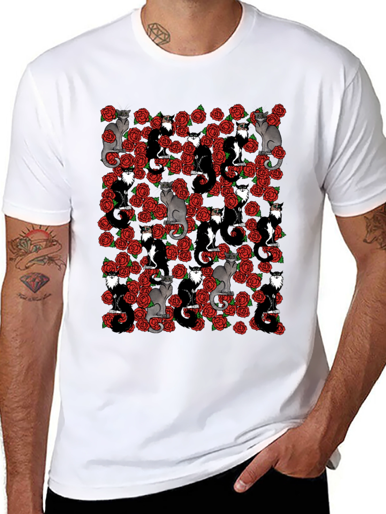 Cats & Roses T-Shirt - Unique Graphic Print