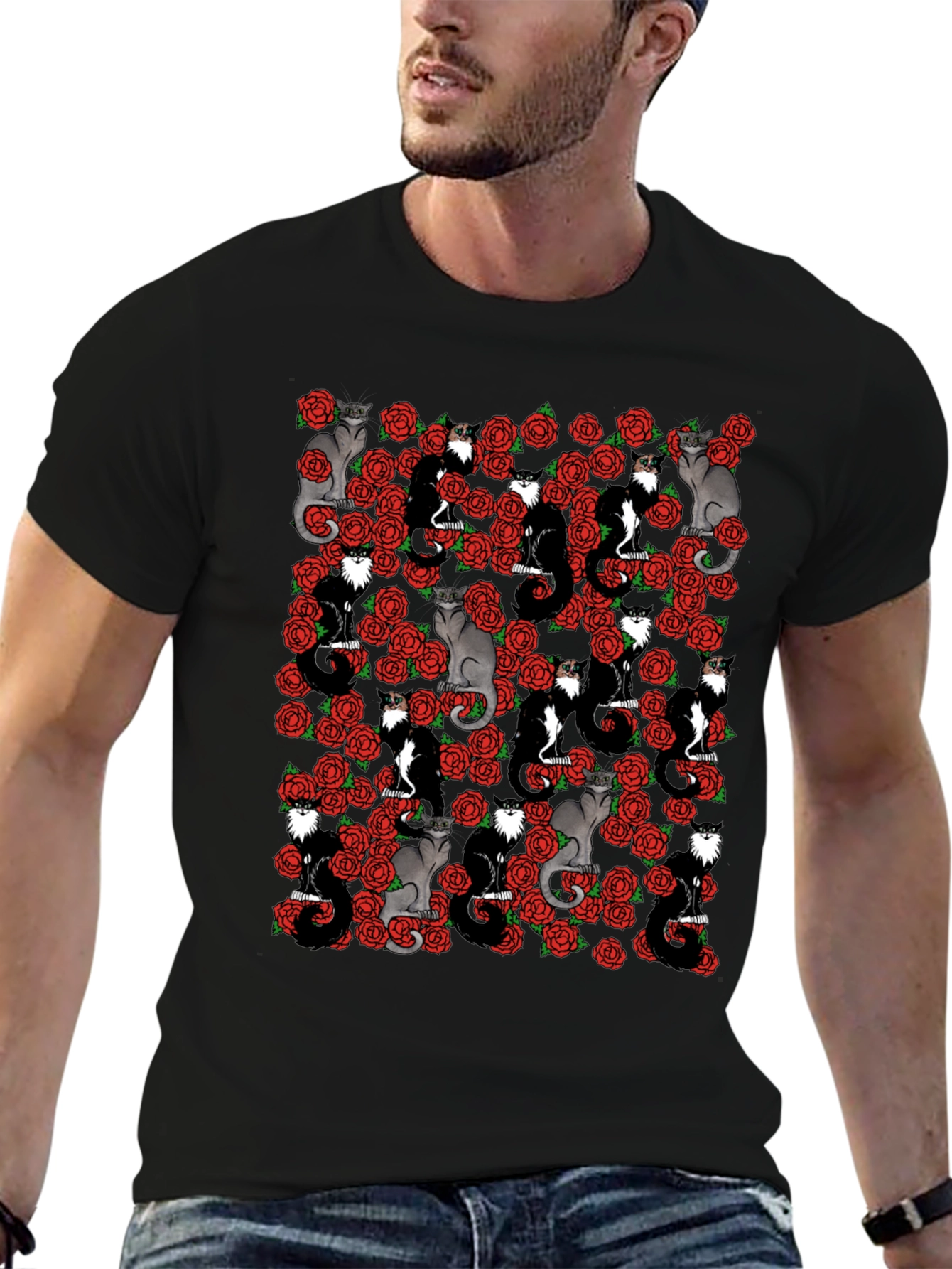 Cats & Roses T-Shirt - Unique Graphic Print