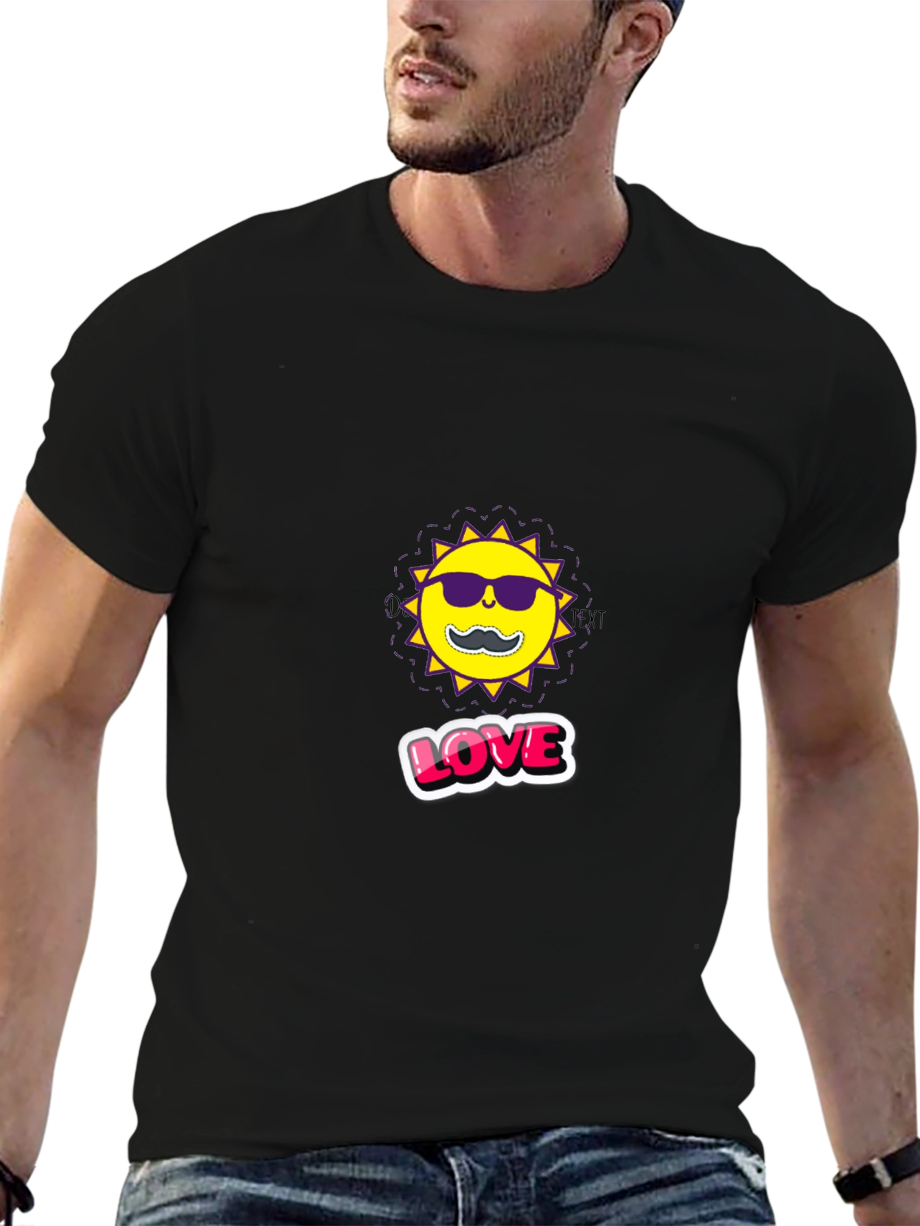 Cool Sun with Mustache Graphic Black Tee