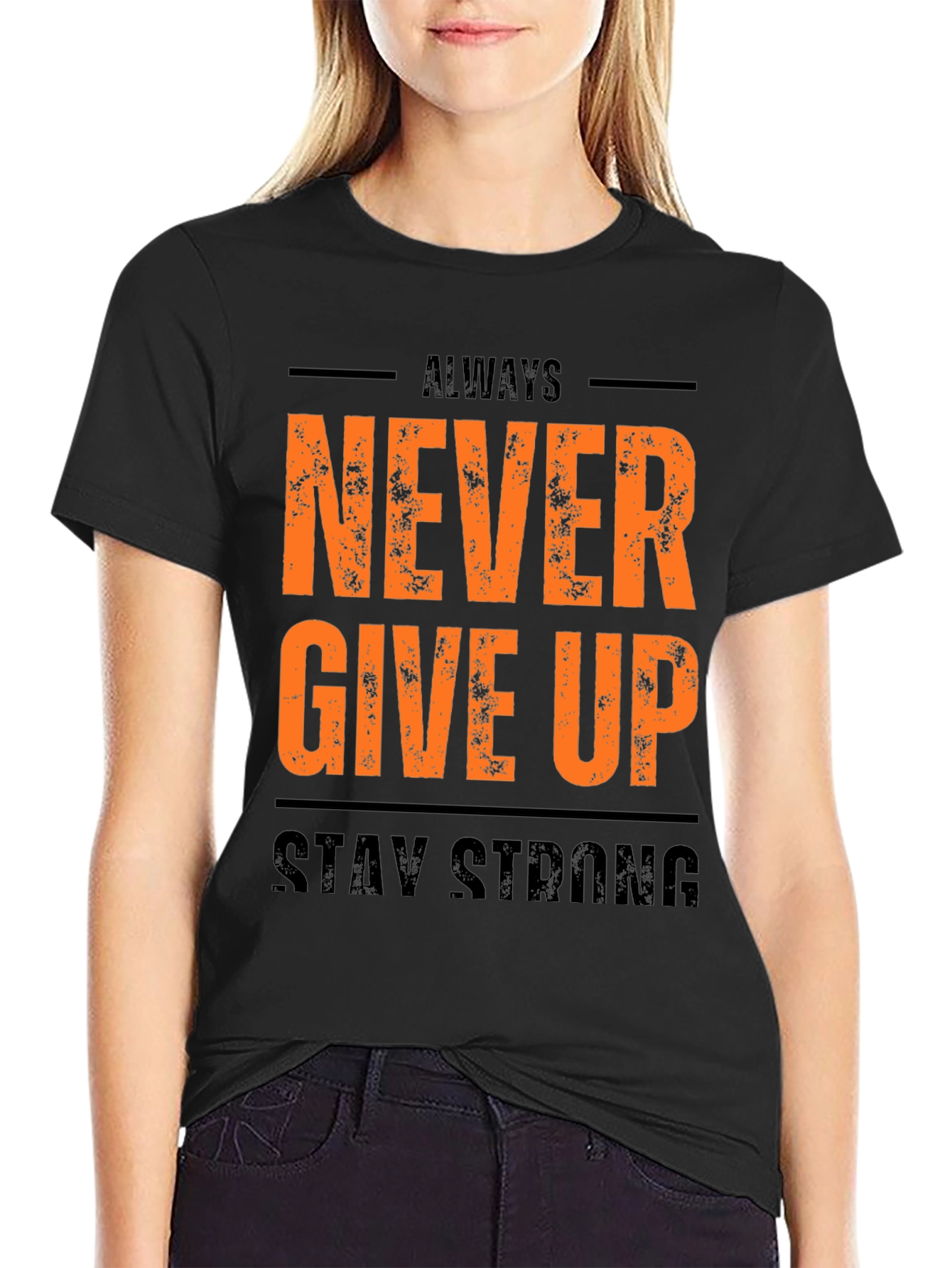Inspirational Black T-Shirt: Never Give Up