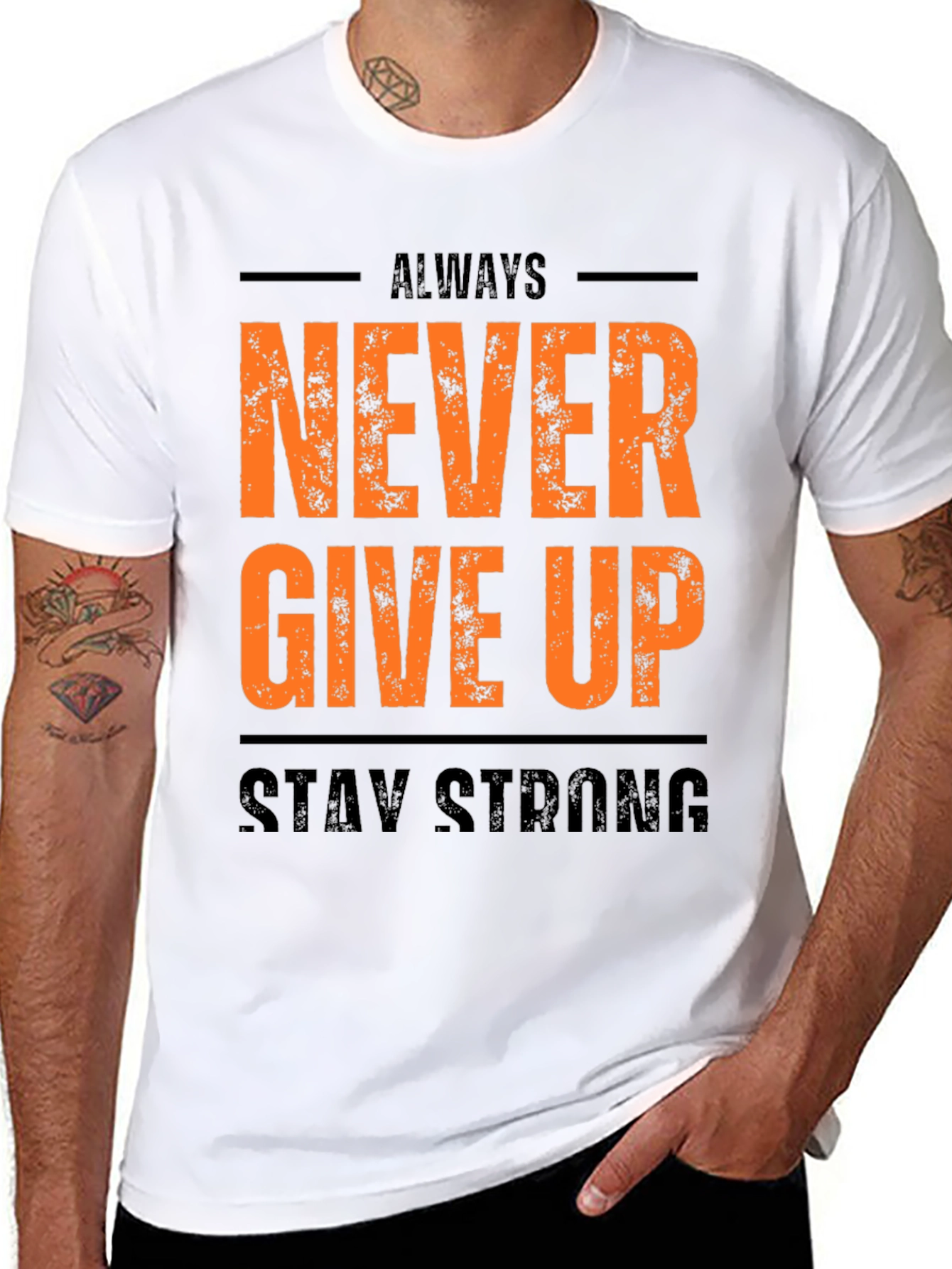 Inspirational Black T-Shirt: Never Give Up