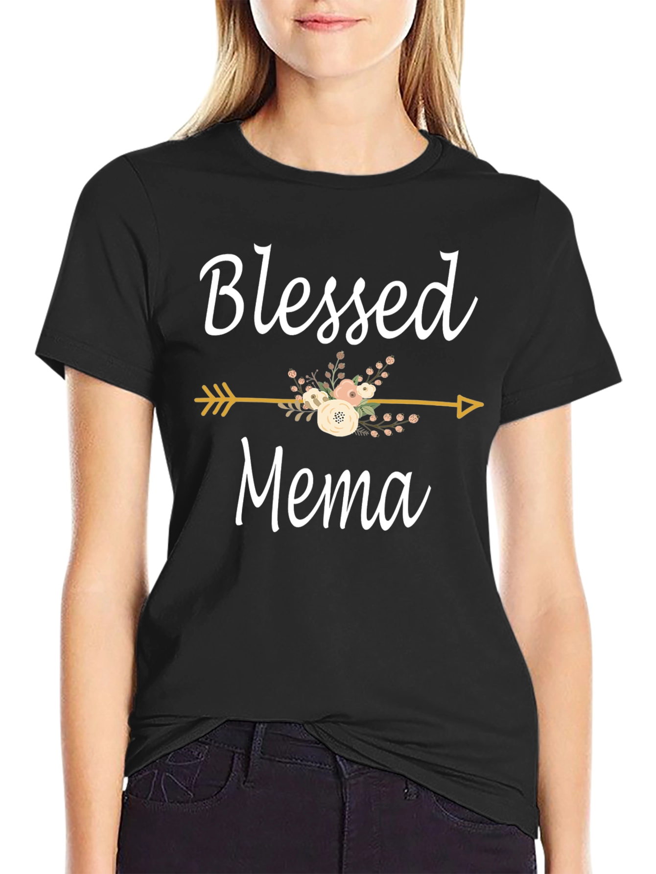 Blessed Mema Floral Arrow Graphic T-Shirt