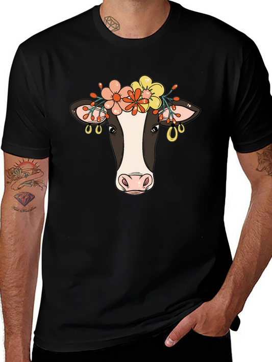 Floral Cow Graphic Tee - Black Cotton Blend