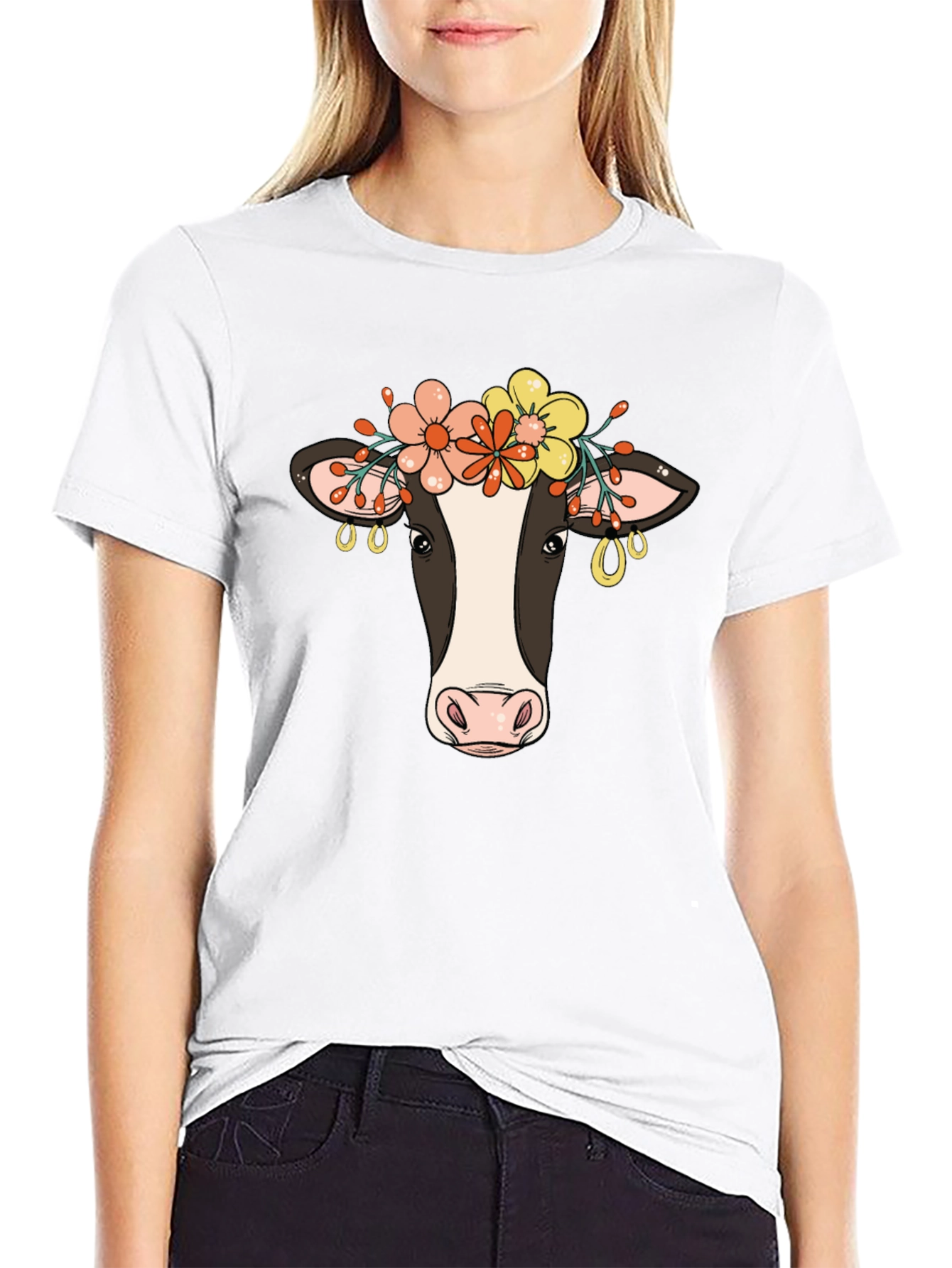 Floral Cow Graphic Tee - Black Cotton Blend