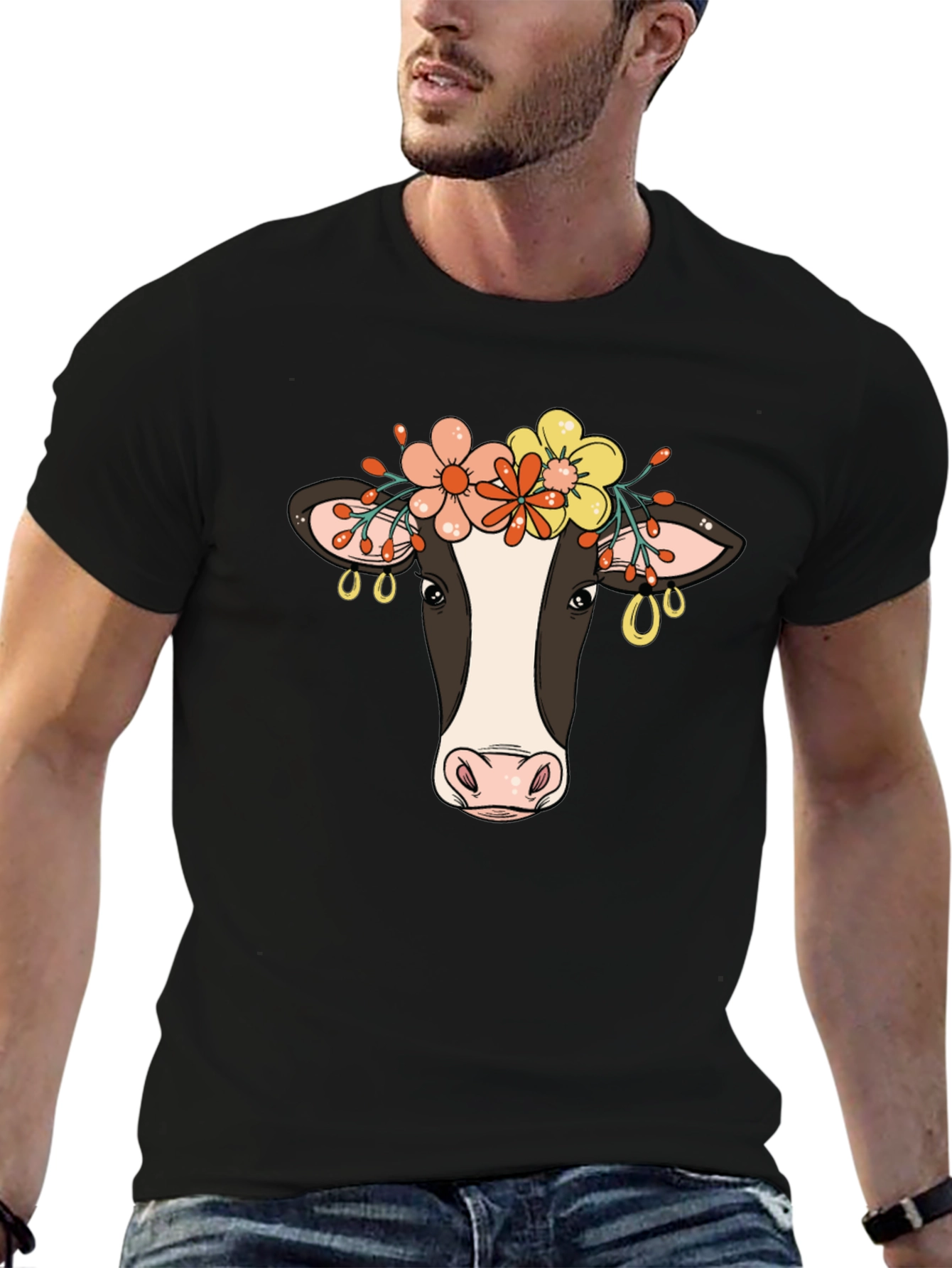 Floral Cow Graphic Tee - Black Cotton Blend