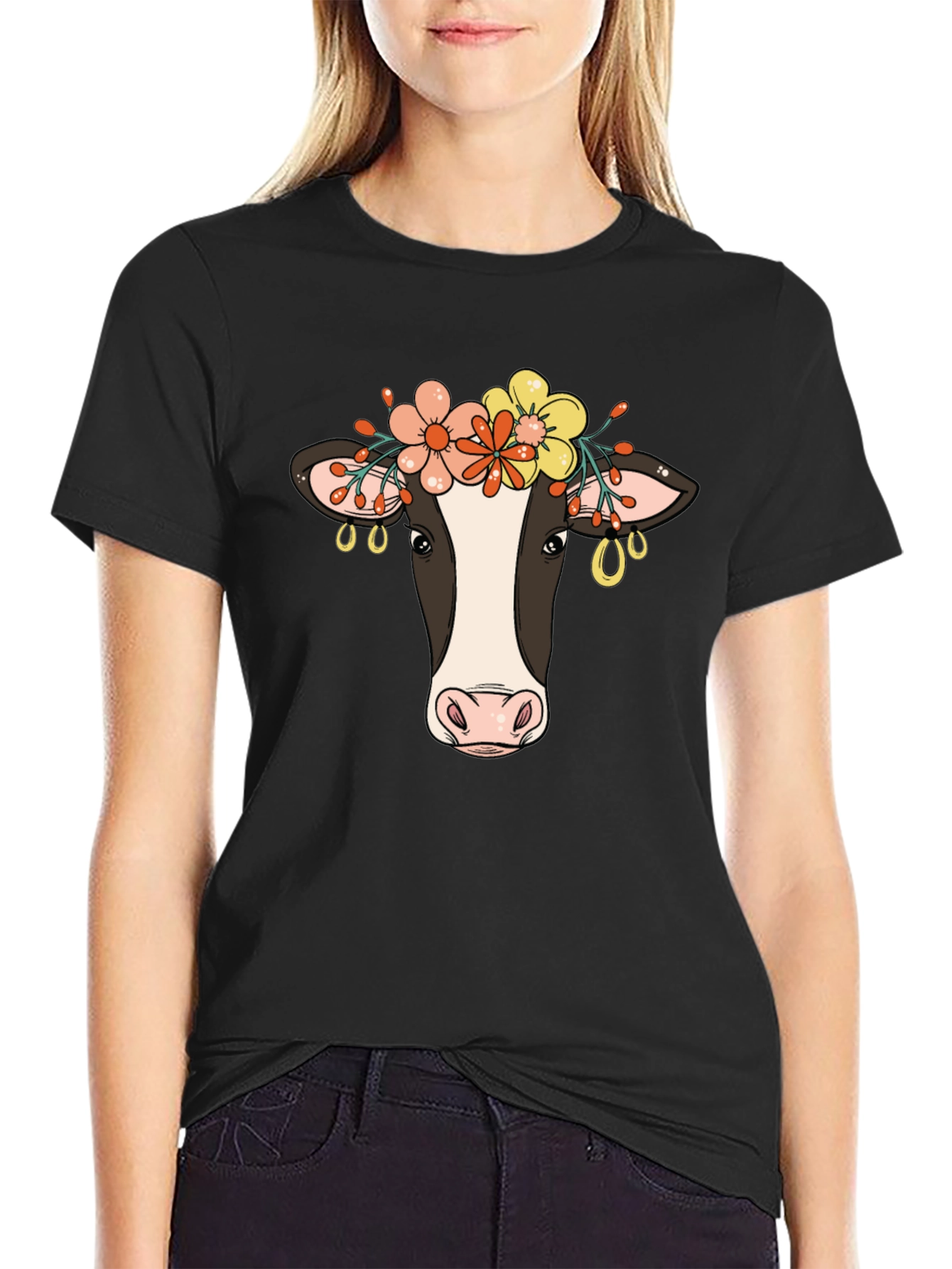 Floral Cow Graphic Tee - Black Cotton Blend