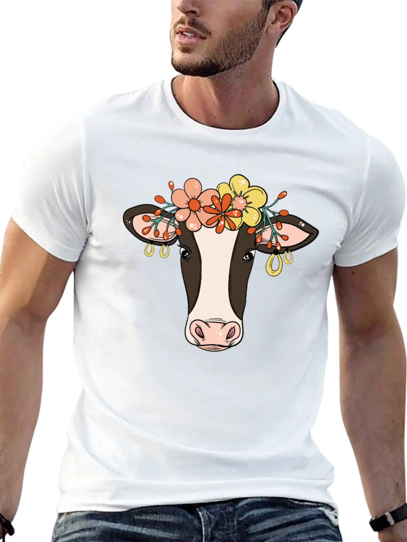 Floral Cow Graphic Tee - Black Cotton Blend
