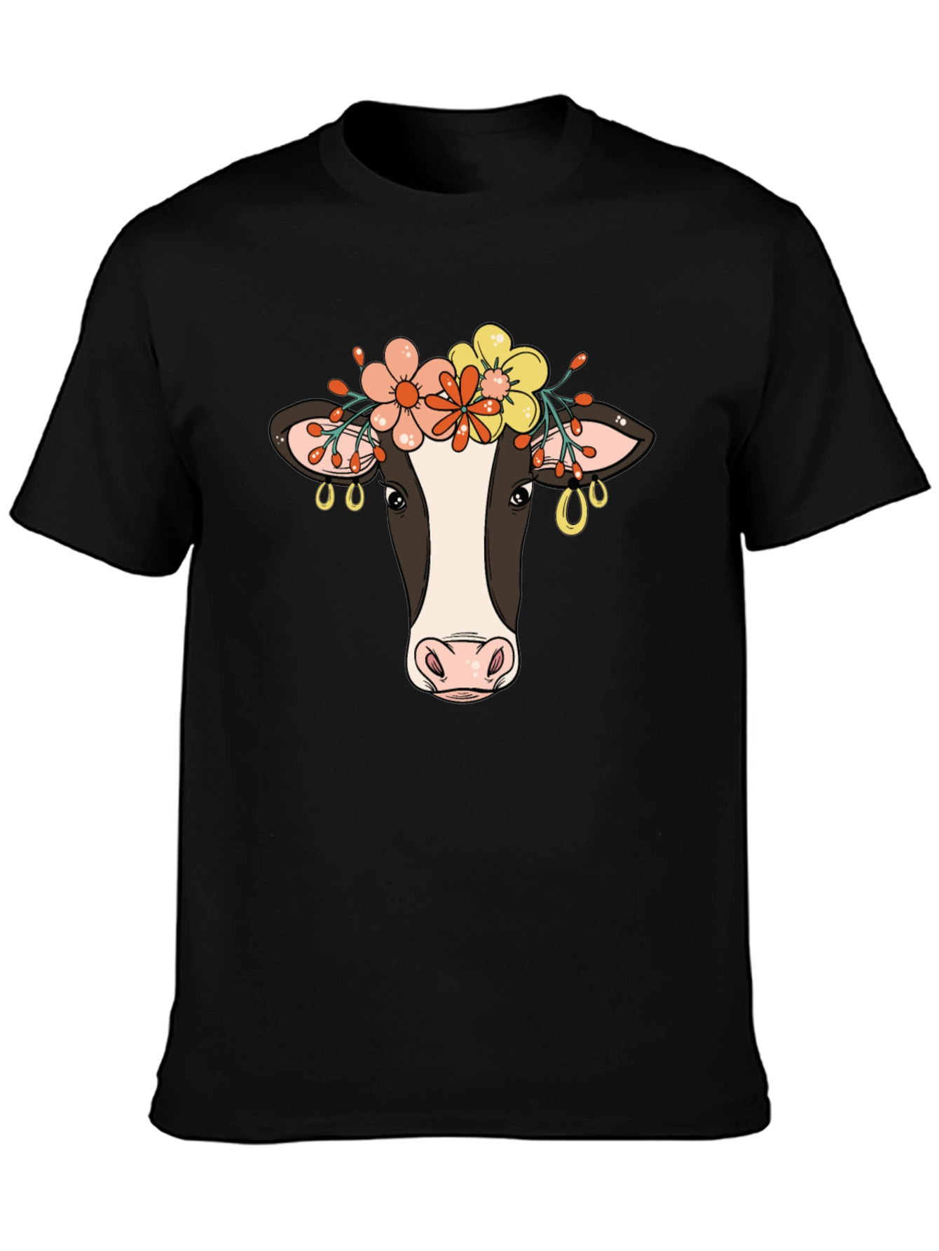 Floral Cow Graphic Tee - Black Cotton Blend