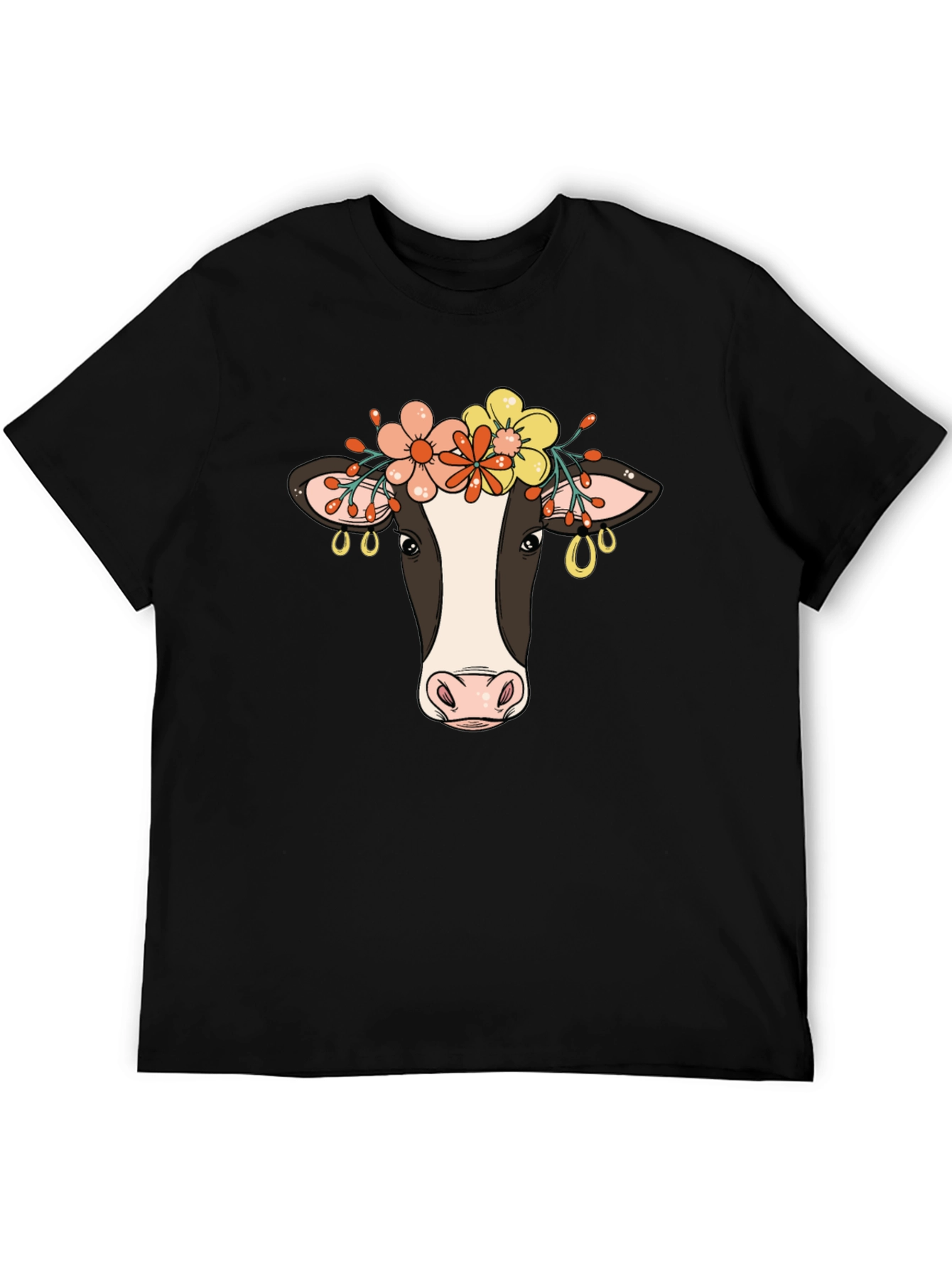 Floral Cow Graphic Tee - Black Cotton Blend