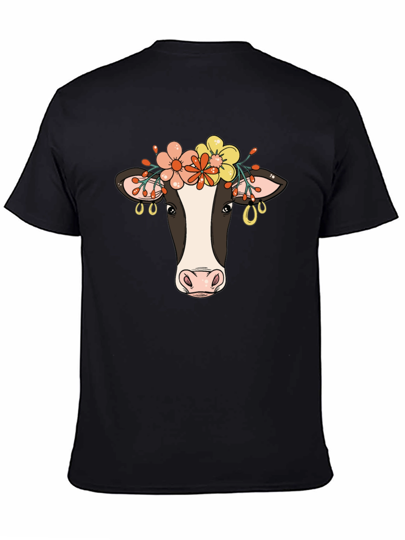 Floral Cow Graphic Tee - Black Cotton Blend
