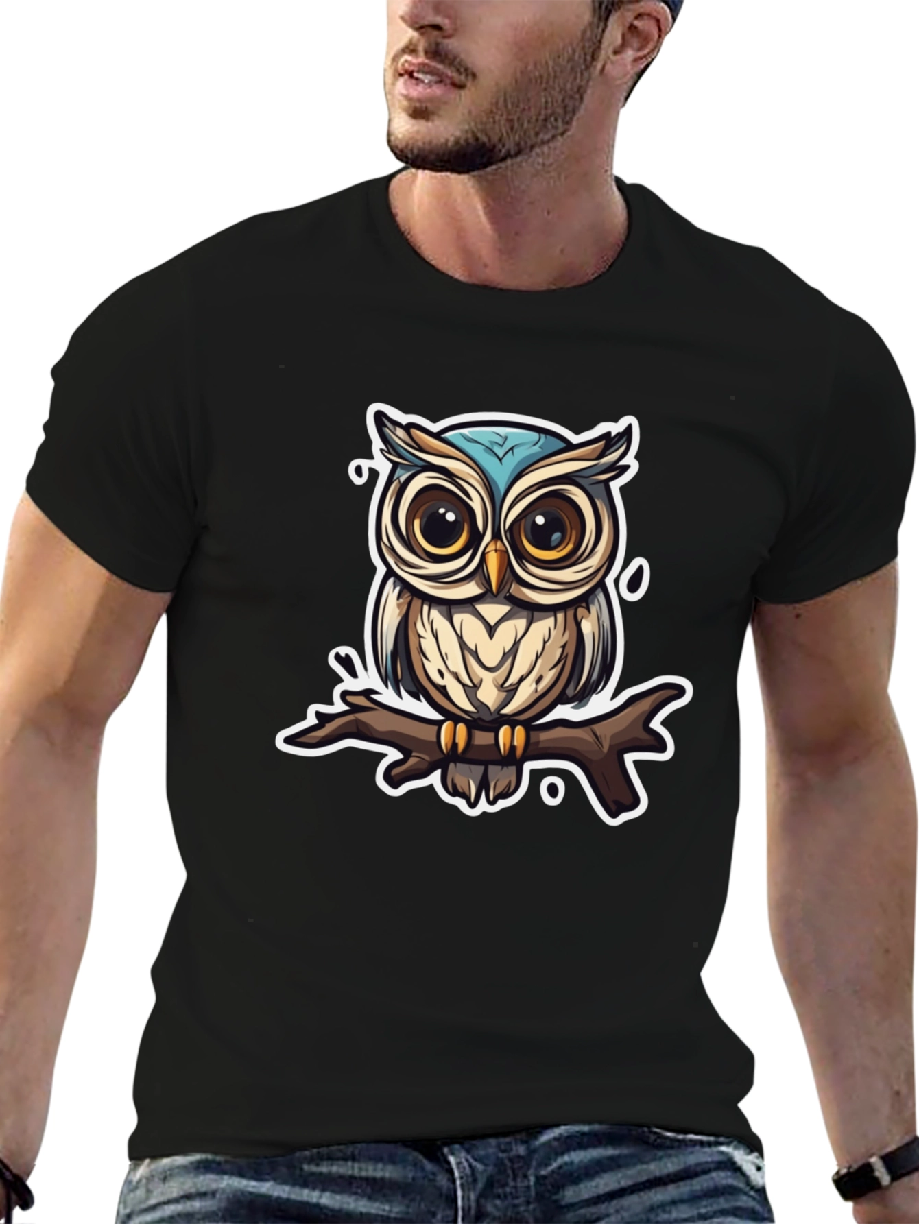 Owl on Branch Graphic Tee - Black T-Shirt
