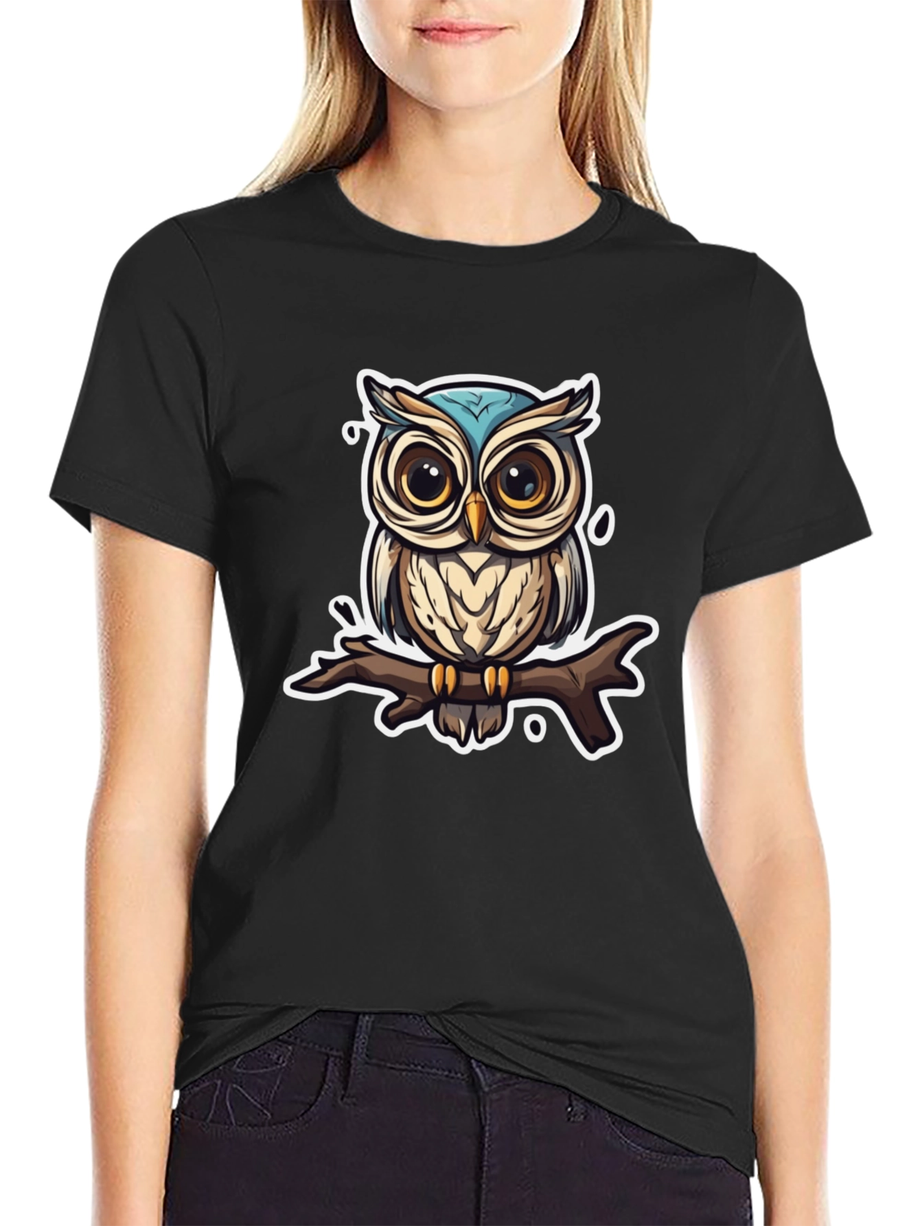 Owl on Branch Graphic Tee - Black T-Shirt