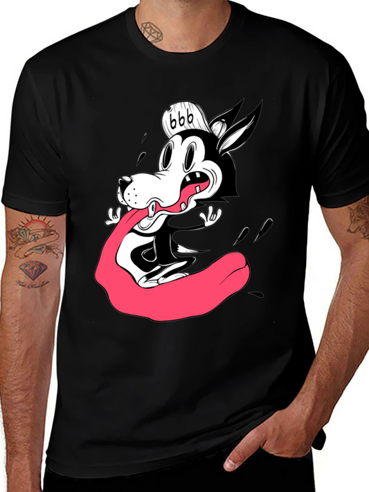 Cartoon Wolf Graphic Tee - Black Cotton T-Shirt