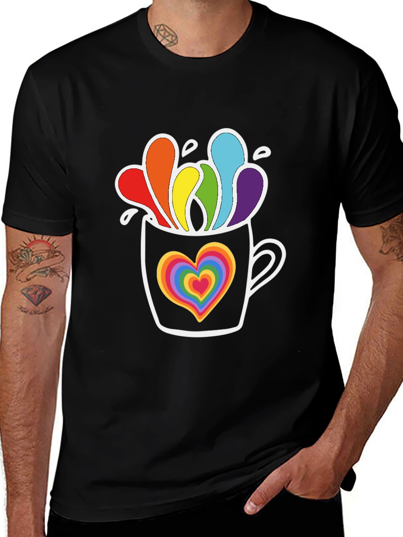 Rainbow Heart Mug Black Graphic Tee