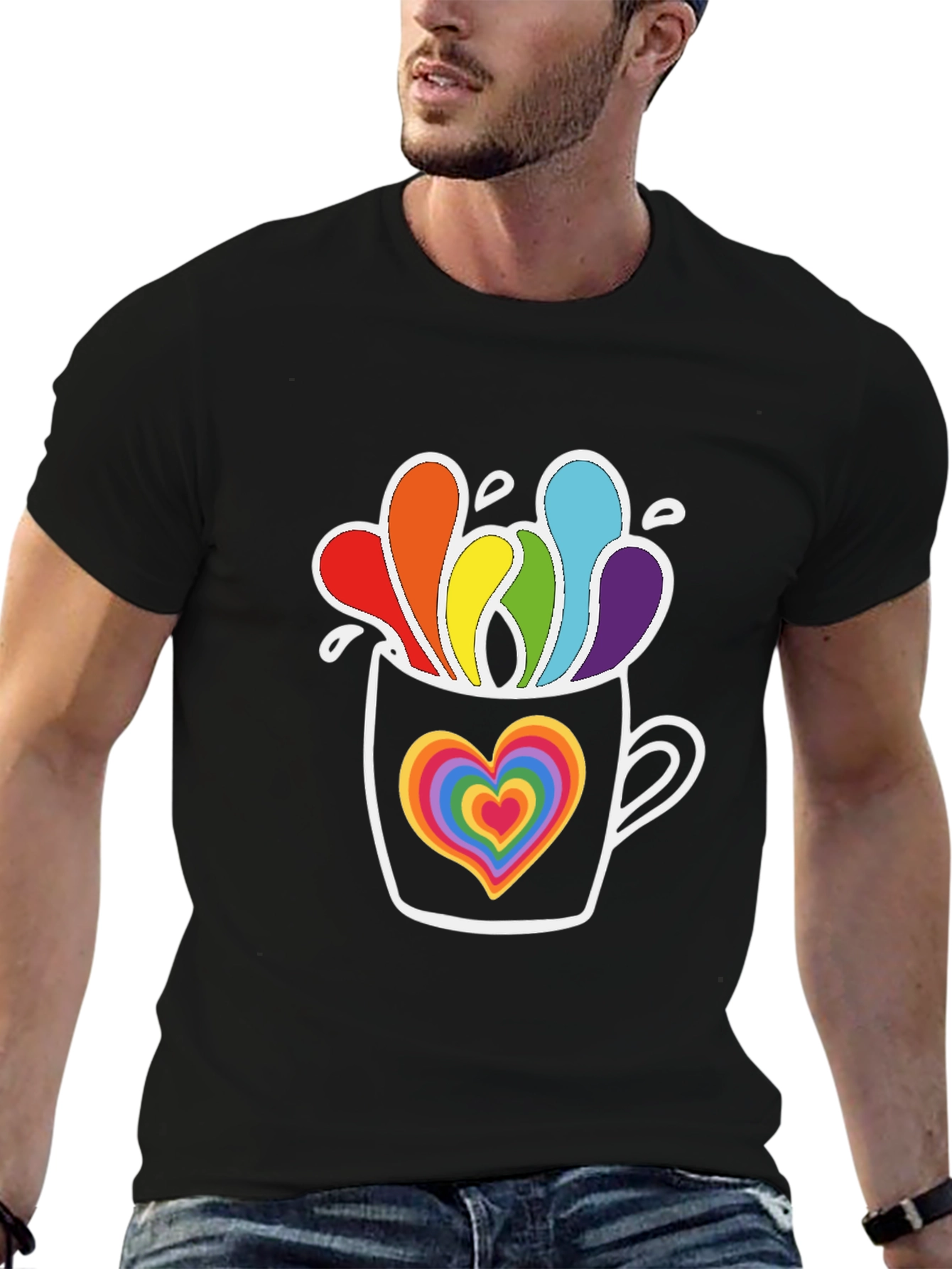 Rainbow Heart Mug Black Graphic Tee