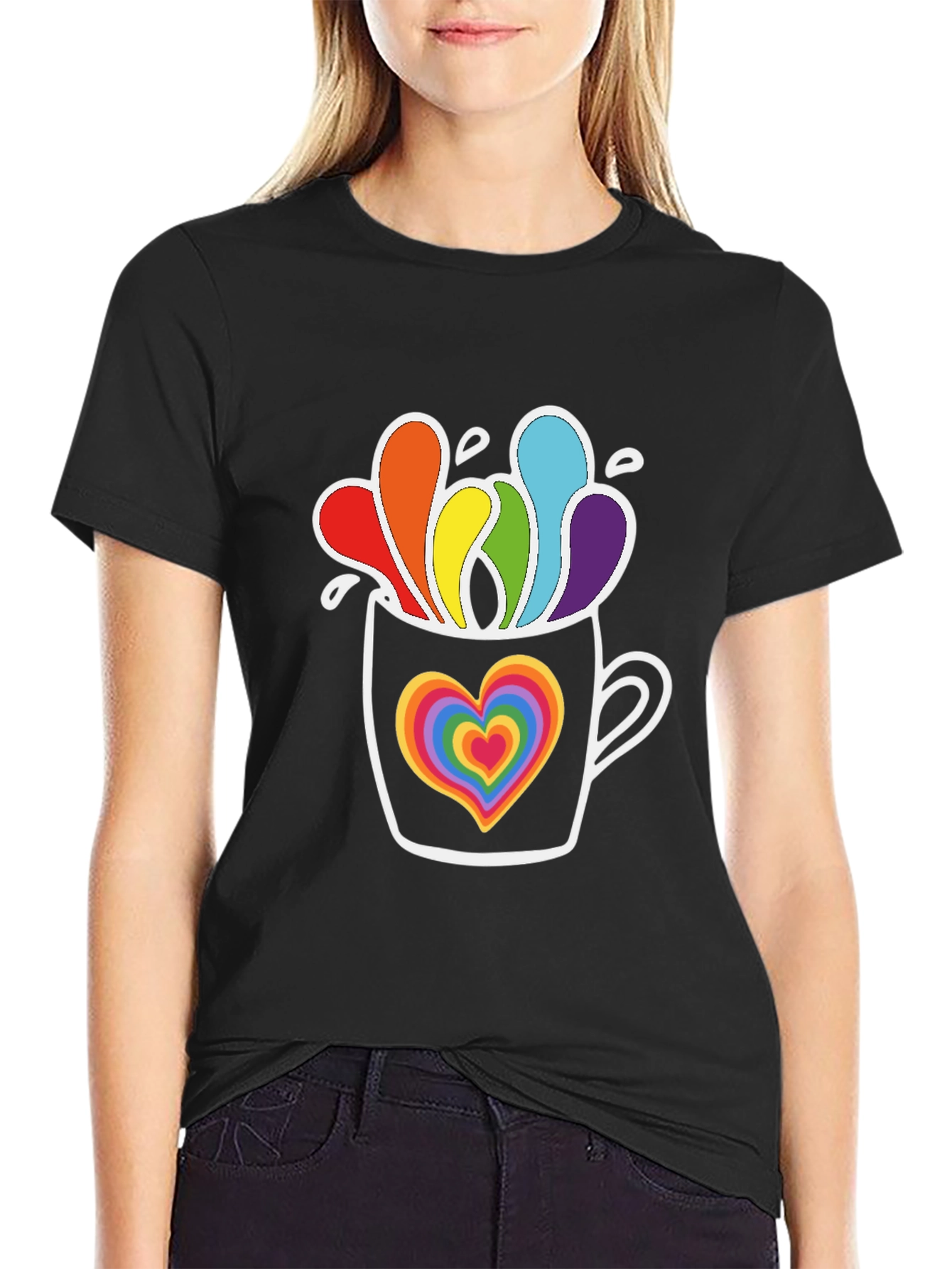 Rainbow Heart Mug Black Graphic Tee