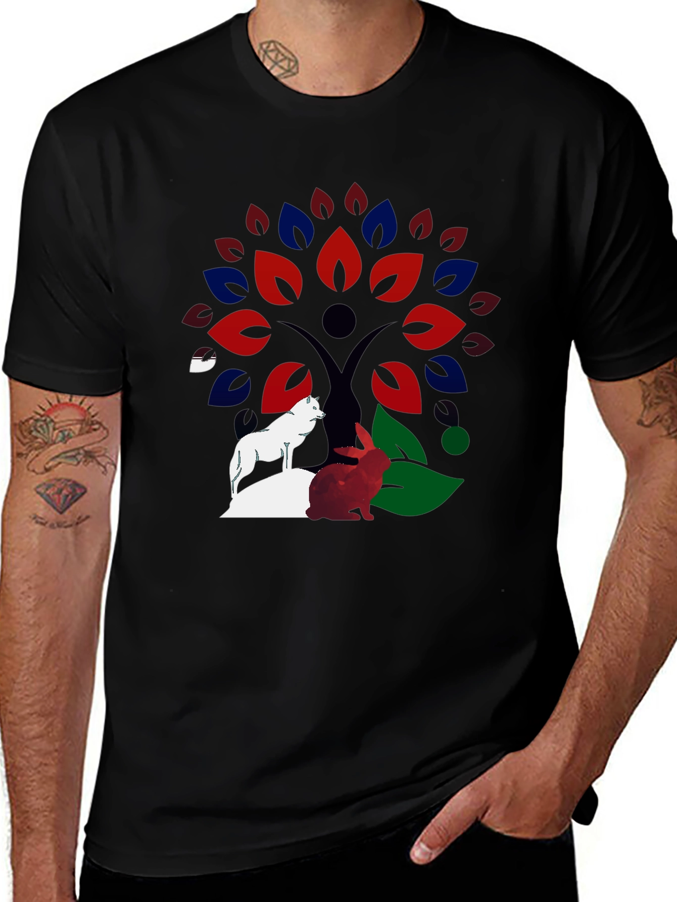 Nature Tree Wolf Rabbit Graphic T-Shirt
