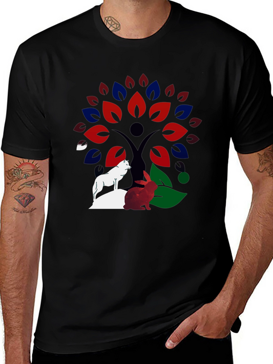Nature Tree Wolf Rabbit Graphic T-Shirt