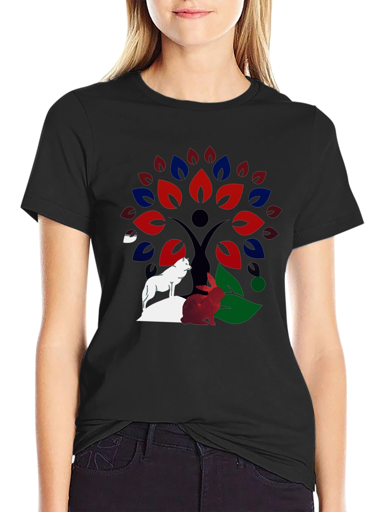 Nature Tree Wolf Rabbit Graphic T-Shirt