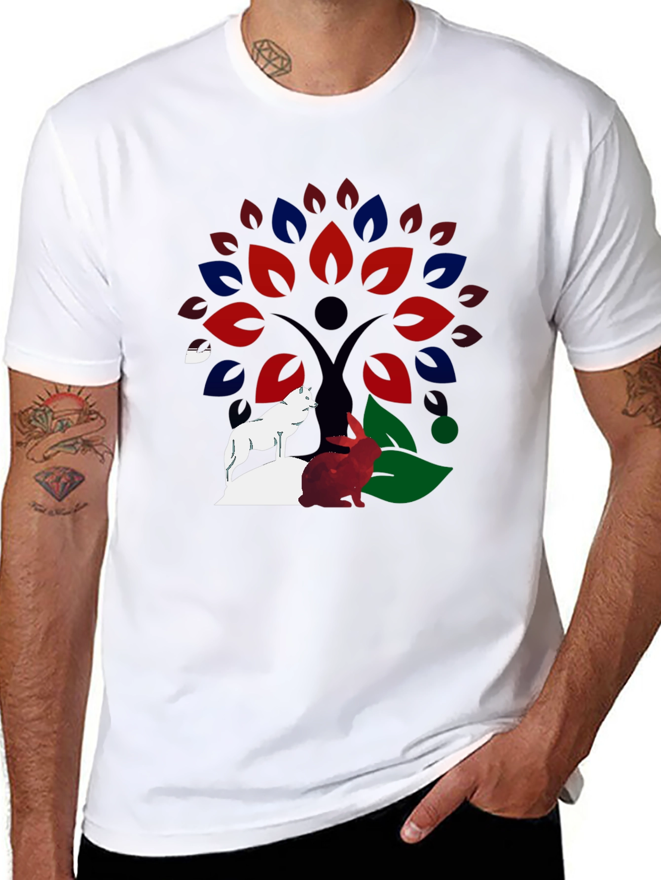 Nature Tree Wolf Rabbit Graphic T-Shirt